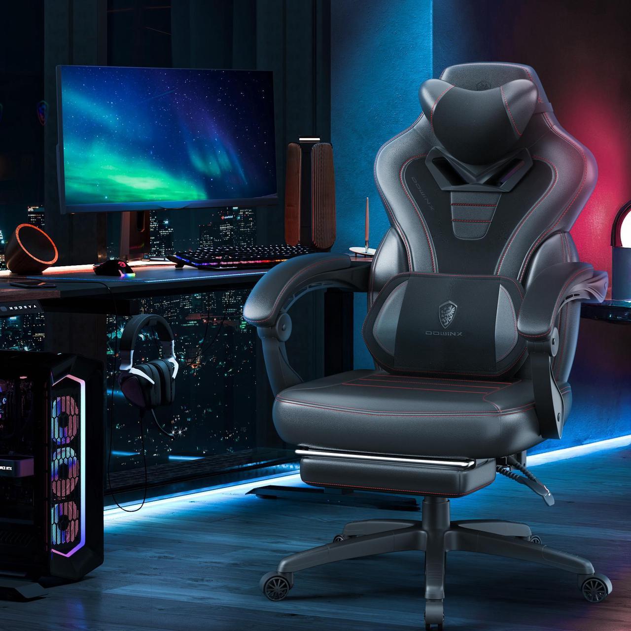 Alt view image 7 of 7 - Dowinx Gaming Chair with Footrest, Ergonomic Massage Game Chair for Adults, Heavy-Duty PC Computer Chair with Massage Lumbar Support, Adjustable Recline and Storage Pouch For Home Office, Black
