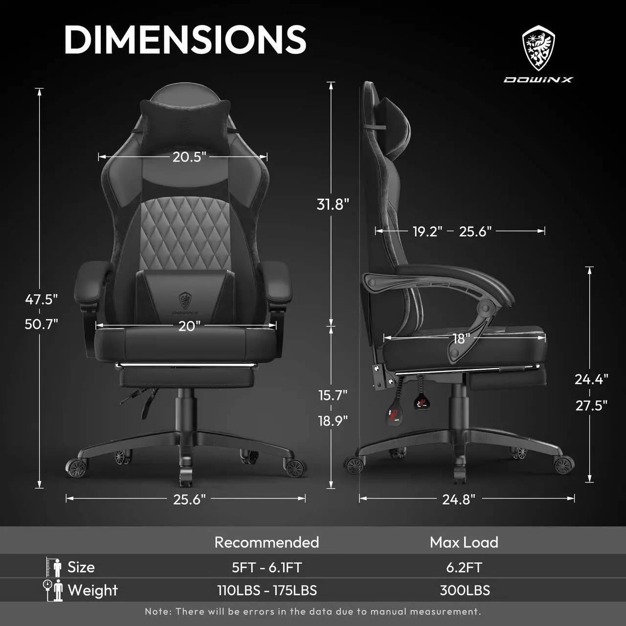 Alt view image 6 of 7 - Dowinx Ergonomic Gaming Chair with Pocket Spring Cushion and Massage Lumbar Support, High Back Leather Office Chair with Footrest, 300LBS Capacity, Black
