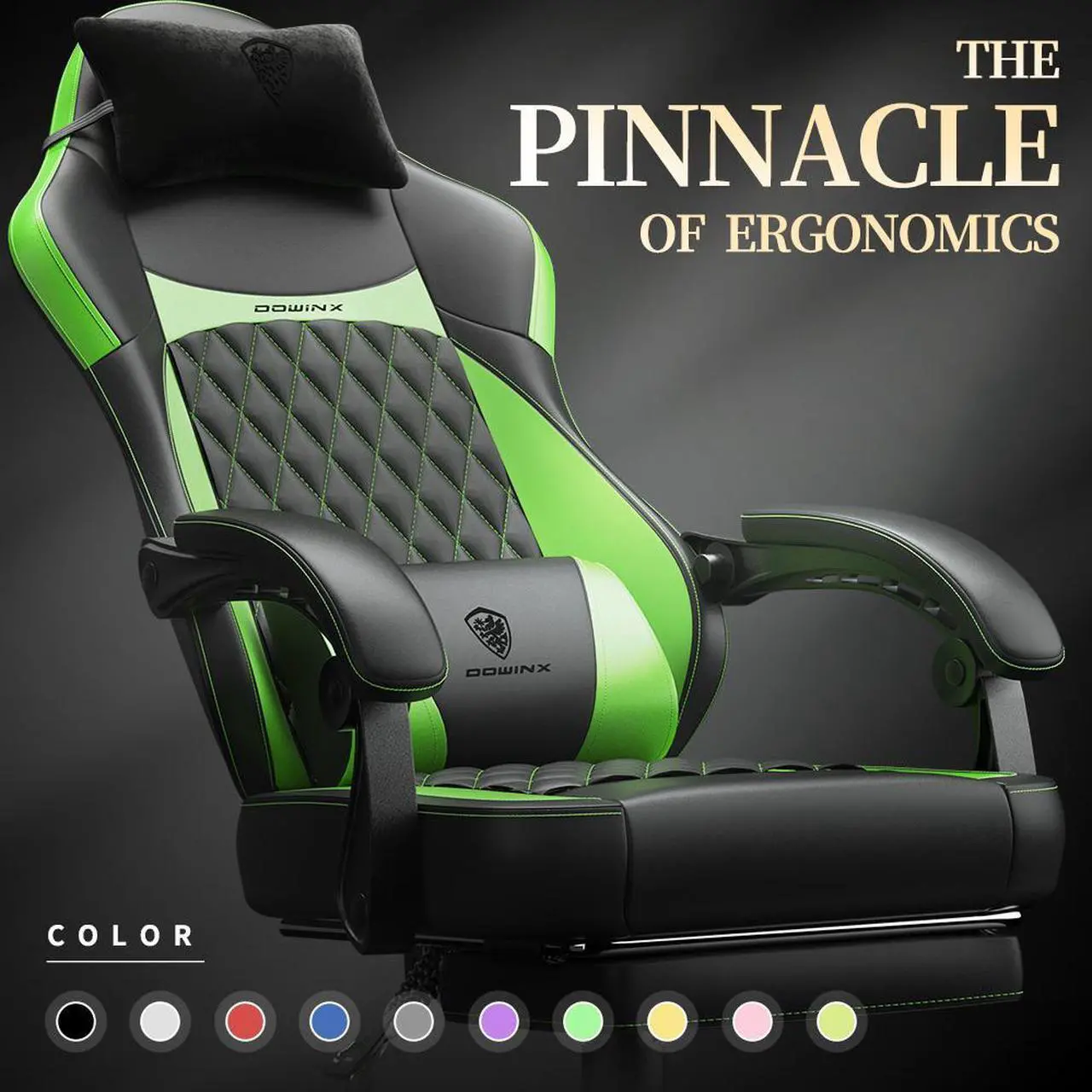 Alt view image 4 of 7 - Dowinx Ergonomic Gaming Chair with Pocket Spring Cushion and Massage Lumbar Support, High Back Leather Office Chair with Footrest, 300LBS Capacity, Black Green