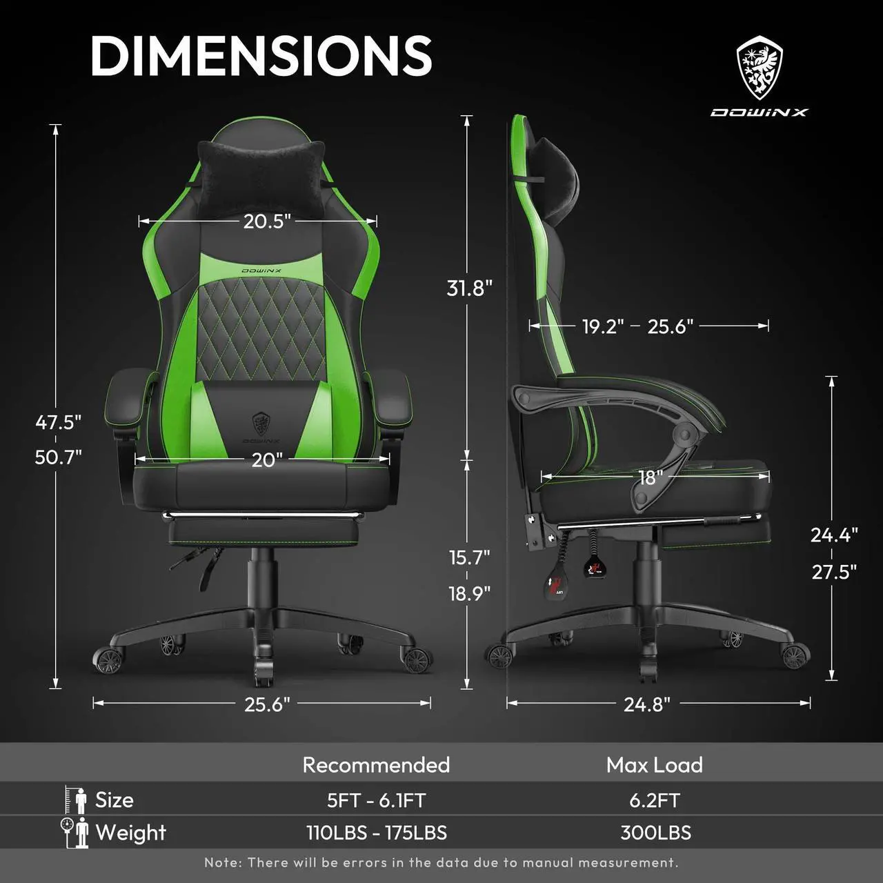 Alt view image 6 of 7 - Dowinx Ergonomic Gaming Chair with Pocket Spring Cushion and Massage Lumbar Support, High Back Leather Office Chair with Footrest, 300LBS Capacity, Black Green