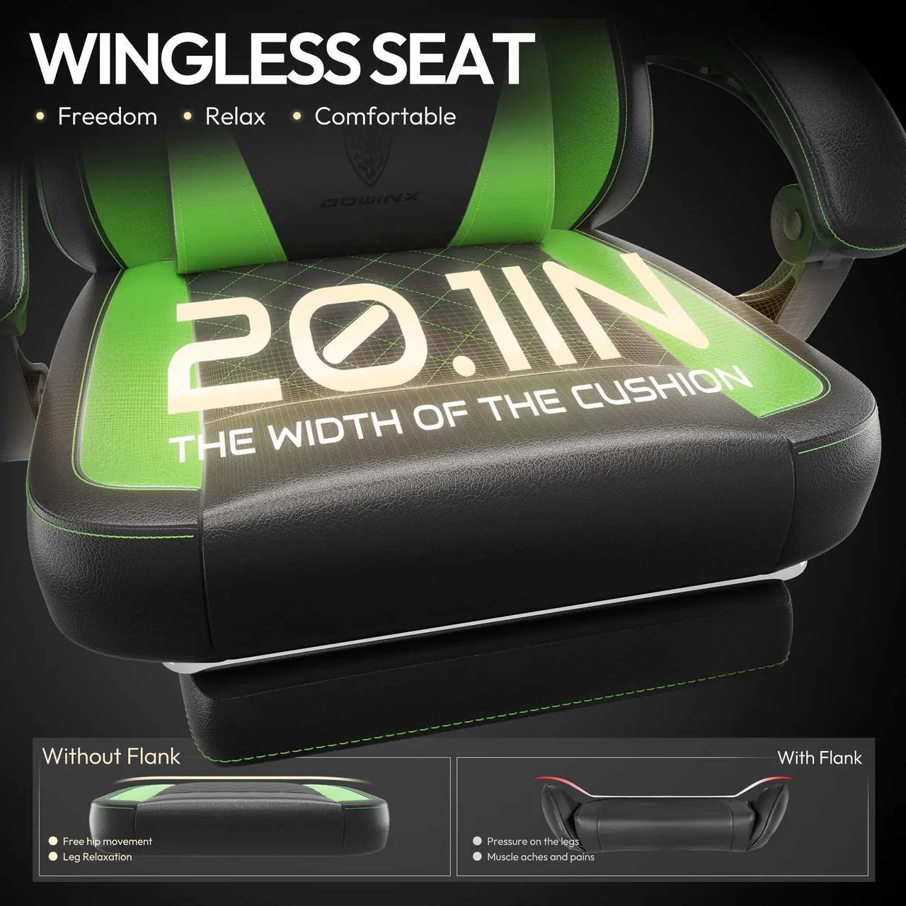 Alt view image 3 of 7 - Dowinx Ergonomic Gaming Chair with Pocket Spring Cushion and Massage Lumbar Support, High Back Leather Office Chair with Footrest, 300LBS Capacity, Black Green