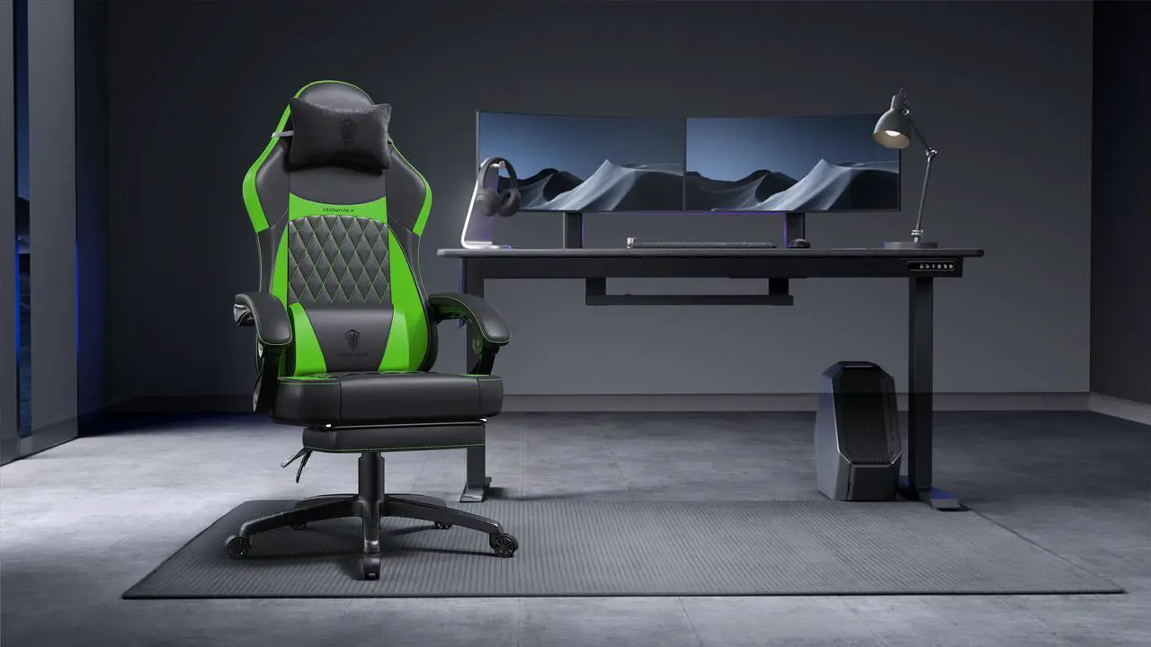 Alt view image 7 of 7 - Dowinx Ergonomic Gaming Chair with Pocket Spring Cushion and Massage Lumbar Support, High Back Leather Office Chair with Footrest, 300LBS Capacity, Black Green