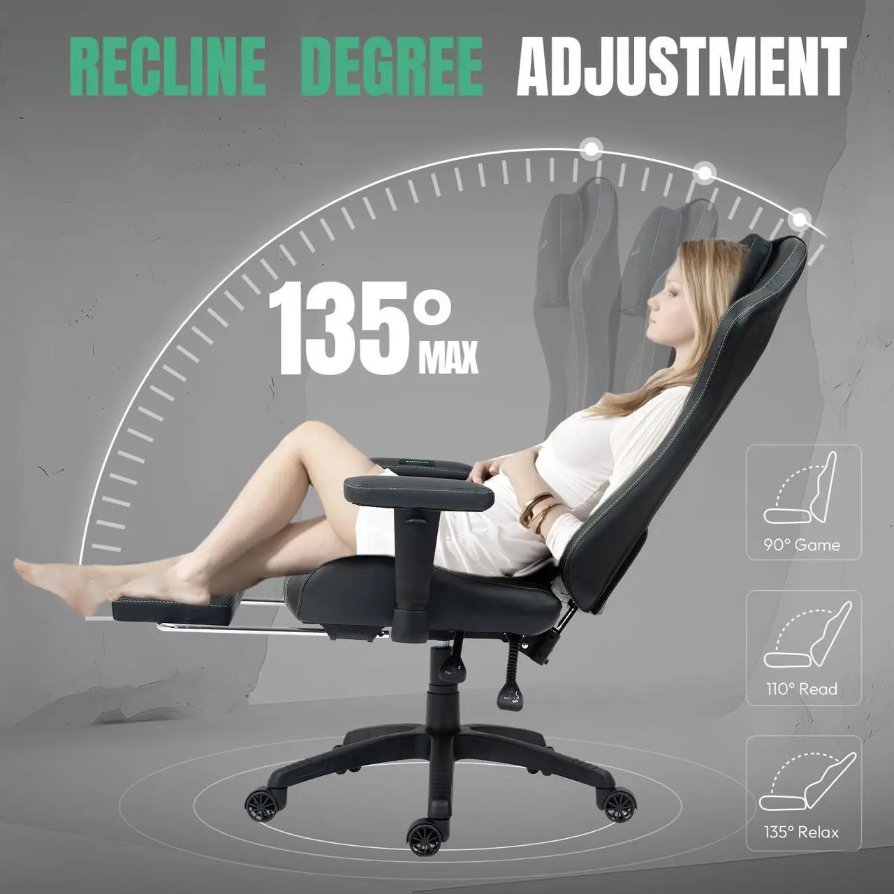 Alt view image 4 of 7 - Dowinx Gaming Chair with Heated Massage Lumbar Support,Ergonomic Computer Chair with Pocket Spring Cushion,Reclining Game Chair with Adjustable Padded Armrests and Footrest,LS-6650D03 Green