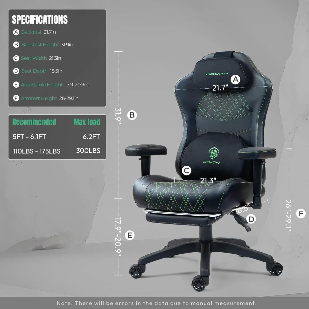 Alt view image 3 of 7 - Dowinx Gaming Chair with Heated Massage Lumbar Support,Ergonomic Computer Chair with Pocket Spring Cushion,Reclining Game Chair with Adjustable Padded Armrests and Footrest,LS-6650D03 Green