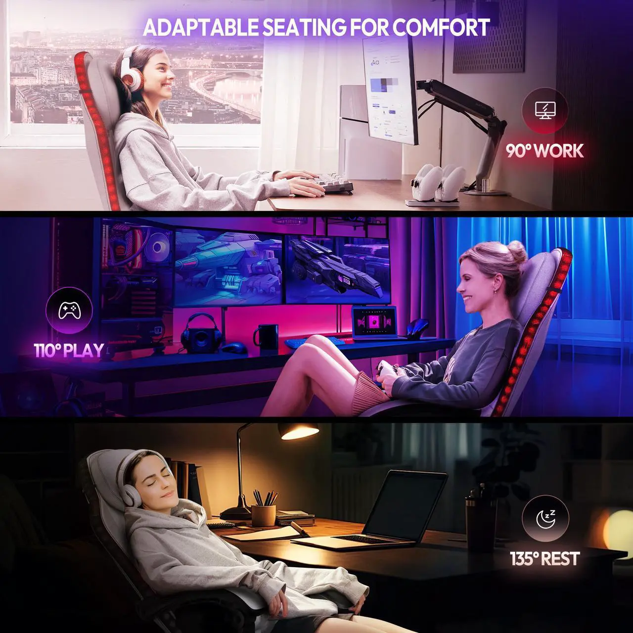 Alt view image 2 of 7 - Dowinx Gaming Chair with RGB Lights, LED Gaming Chair with Footrest for Adults, Video Game Chair Fabric Grey, Ergonomic Gaming Chair with Massage Lumbar Support,LS-66LED03B02 Grey