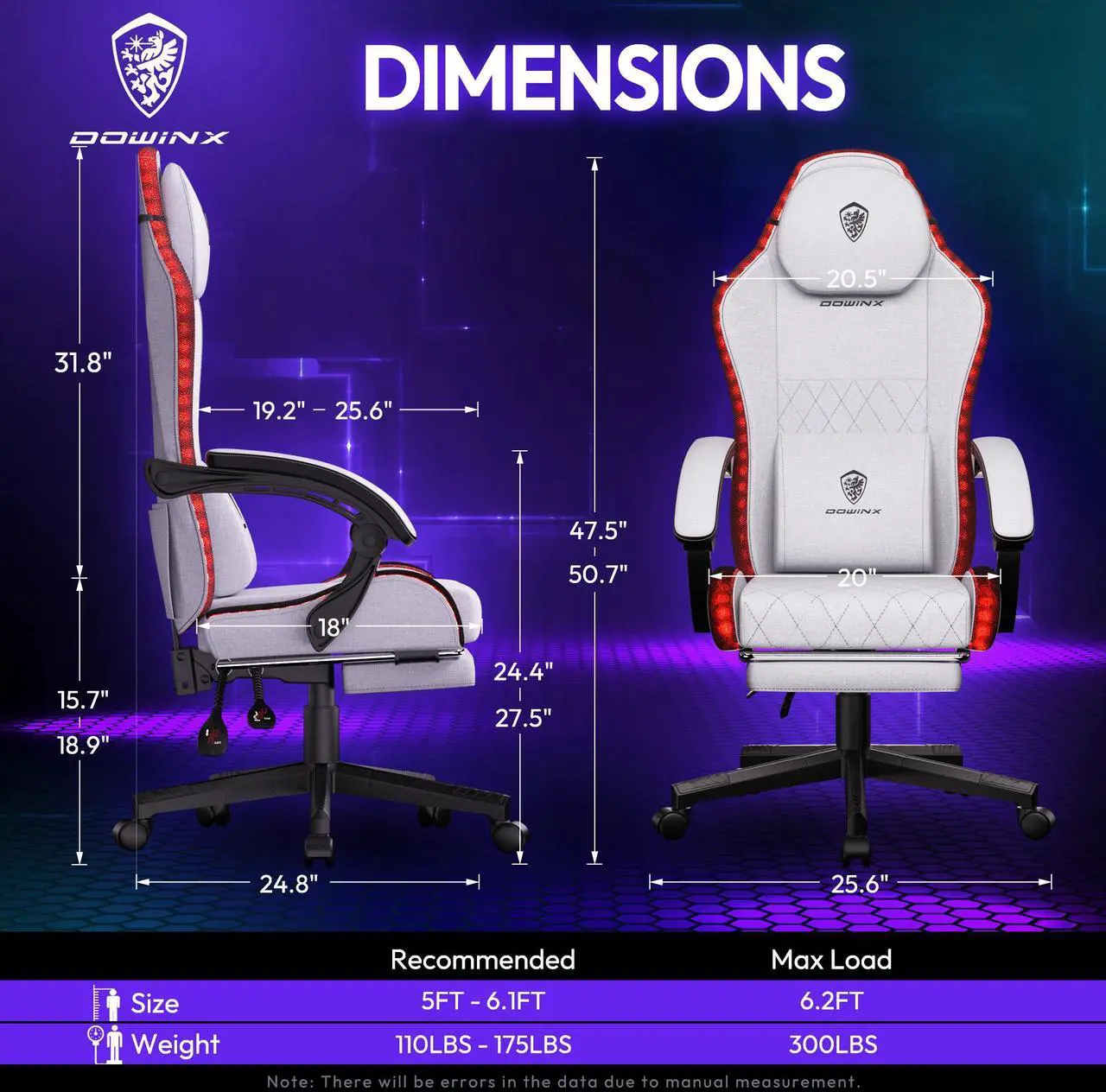 Alt view image 5 of 7 - Dowinx Gaming Chair with RGB Lights, LED Gaming Chair with Footrest for Adults, Video Game Chair Fabric Grey, Ergonomic Gaming Chair with Massage Lumbar Support,LS-66LED03B02 Grey