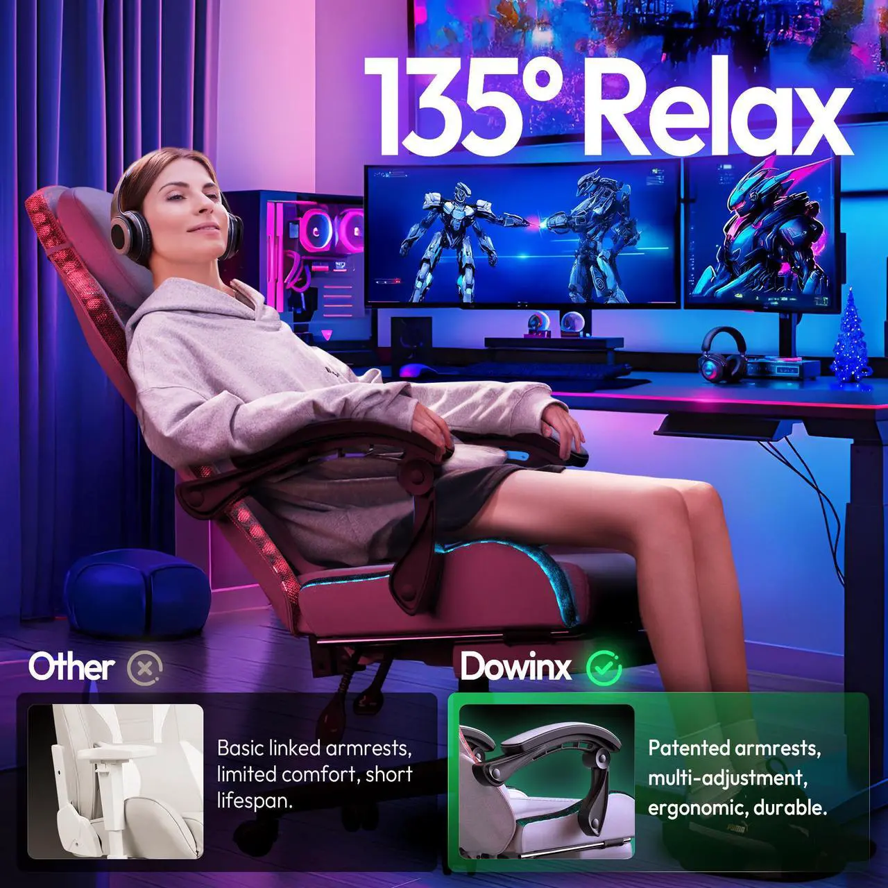 Alt view image 3 of 7 - Dowinx Gaming Chair with RGB Lights, LED Gaming Chair with Footrest for Adults, Video Game Chair Fabric Grey, Ergonomic Gaming Chair with Massage Lumbar Support,LS-66LED03B02 Grey