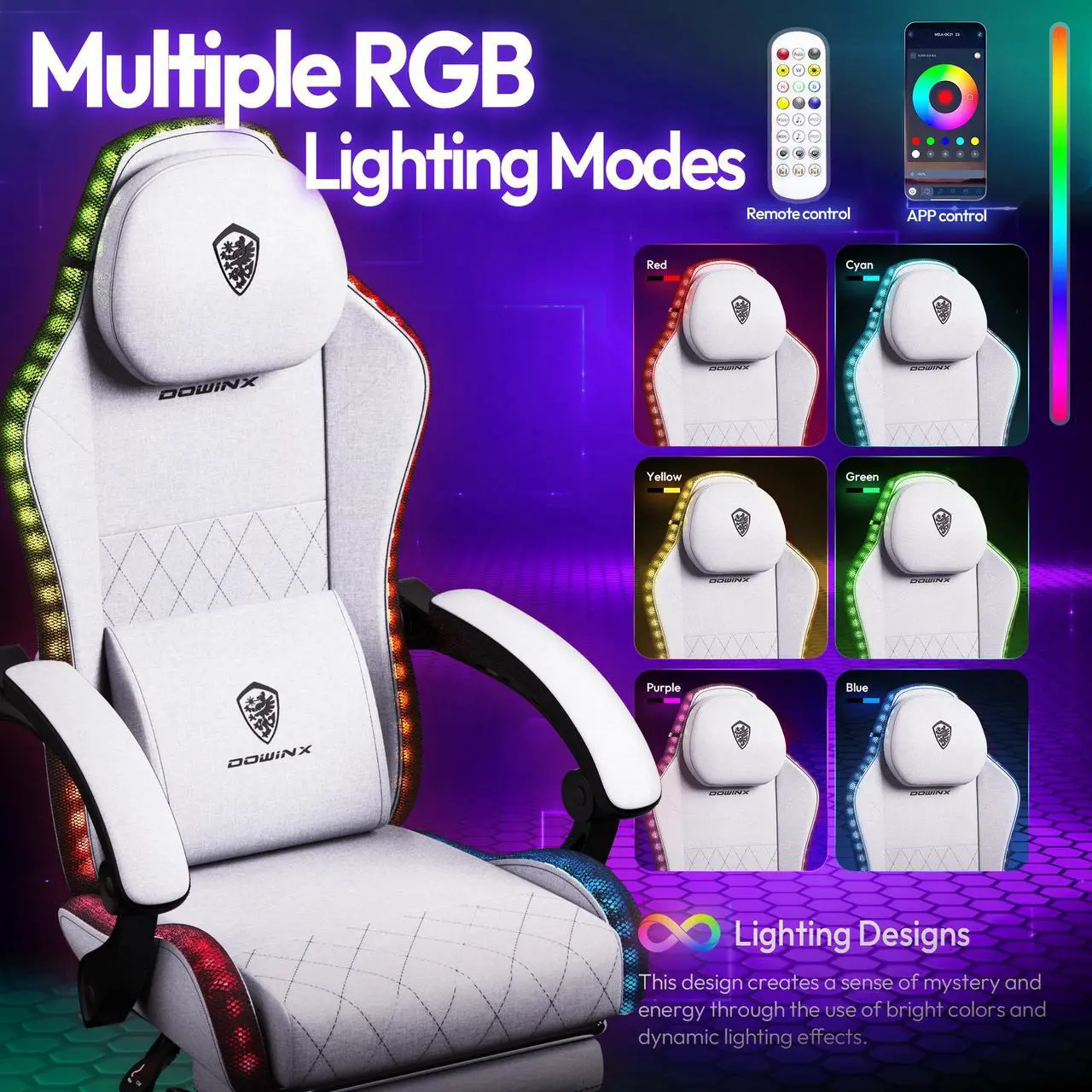 Alt view image 6 of 7 - Dowinx Gaming Chair with RGB Lights, LED Gaming Chair with Footrest for Adults, Video Game Chair Fabric Grey, Ergonomic Gaming Chair with Massage Lumbar Support,LS-66LED03B02 Grey
