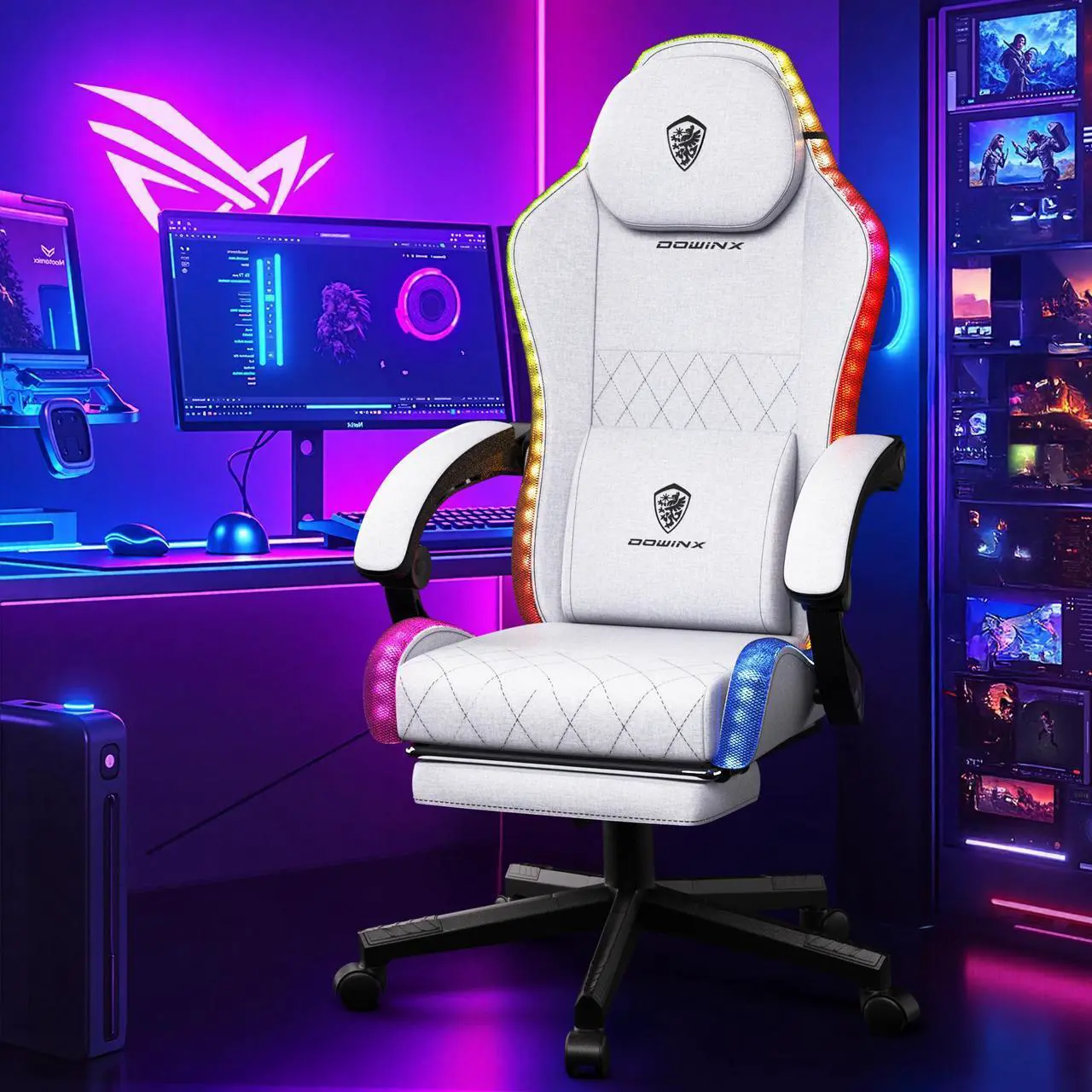 Alt view image 7 of 7 - Dowinx Gaming Chair with RGB Lights, LED Gaming Chair with Footrest for Adults, Video Game Chair Fabric Grey, Ergonomic Gaming Chair with Massage Lumbar Support,LS-66LED03B02 Grey