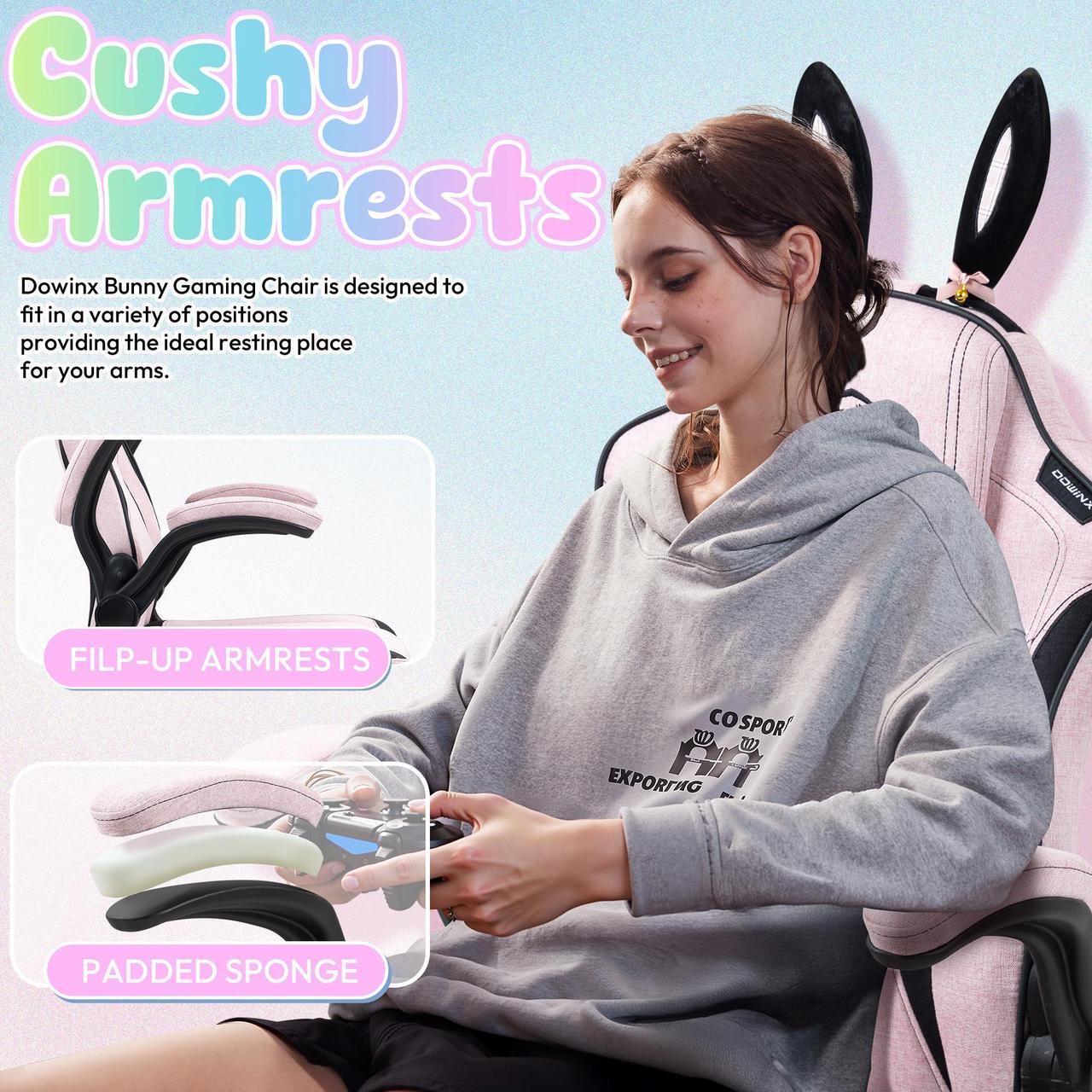 Alt view image 3 of 7 - Dowinx Gaming Chair with Cute Bunny Ears, Ergonomic Computer Chair for Adult, Game Chair Cloth for Girl, Teen, LS-665101,Pink