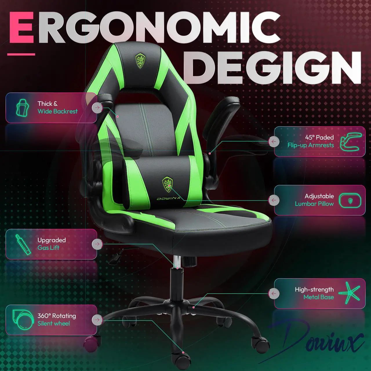 Alt view image 2 of 7 - Dowinx Gaming Chair, Breathable PU Leather Gamer Chair with Pocket Spring Cushion, Adjustable Swivel Task Chair ,Ergonomic Computer Chair with  Lumbar Support,LS-666105 Black / Green
