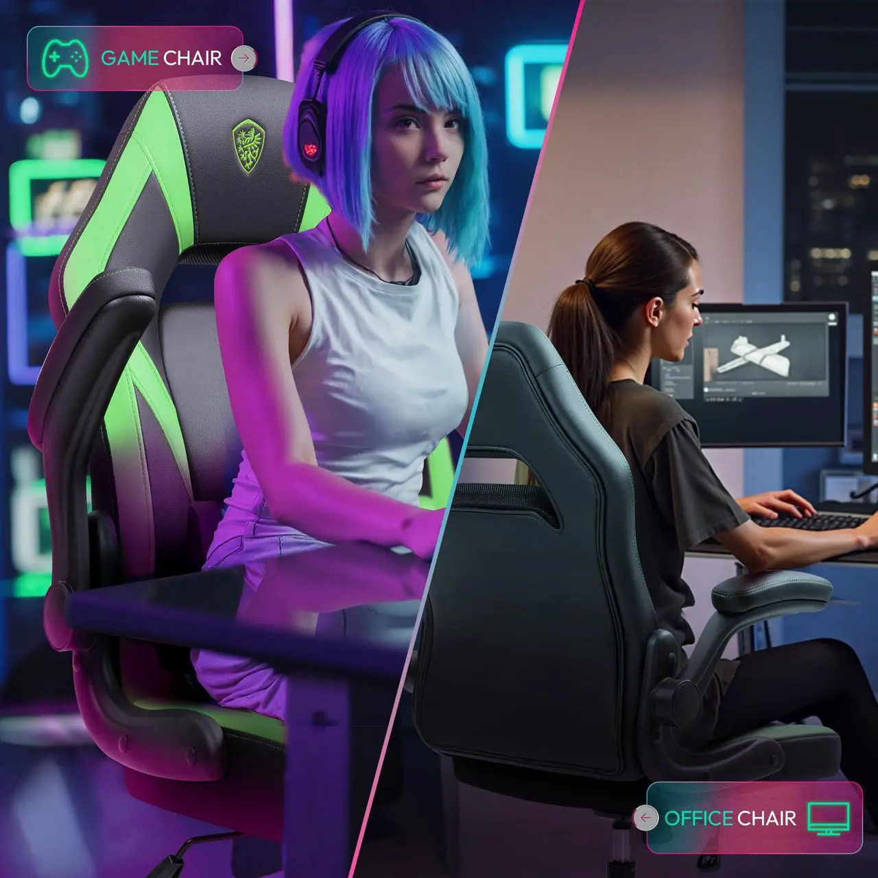 Alt view image 3 of 7 - Dowinx Gaming Chair, Breathable PU Leather Gamer Chair with Pocket Spring Cushion, Adjustable Swivel Task Chair ,Ergonomic Computer Chair with  Lumbar Support,LS-666105 Black / Green