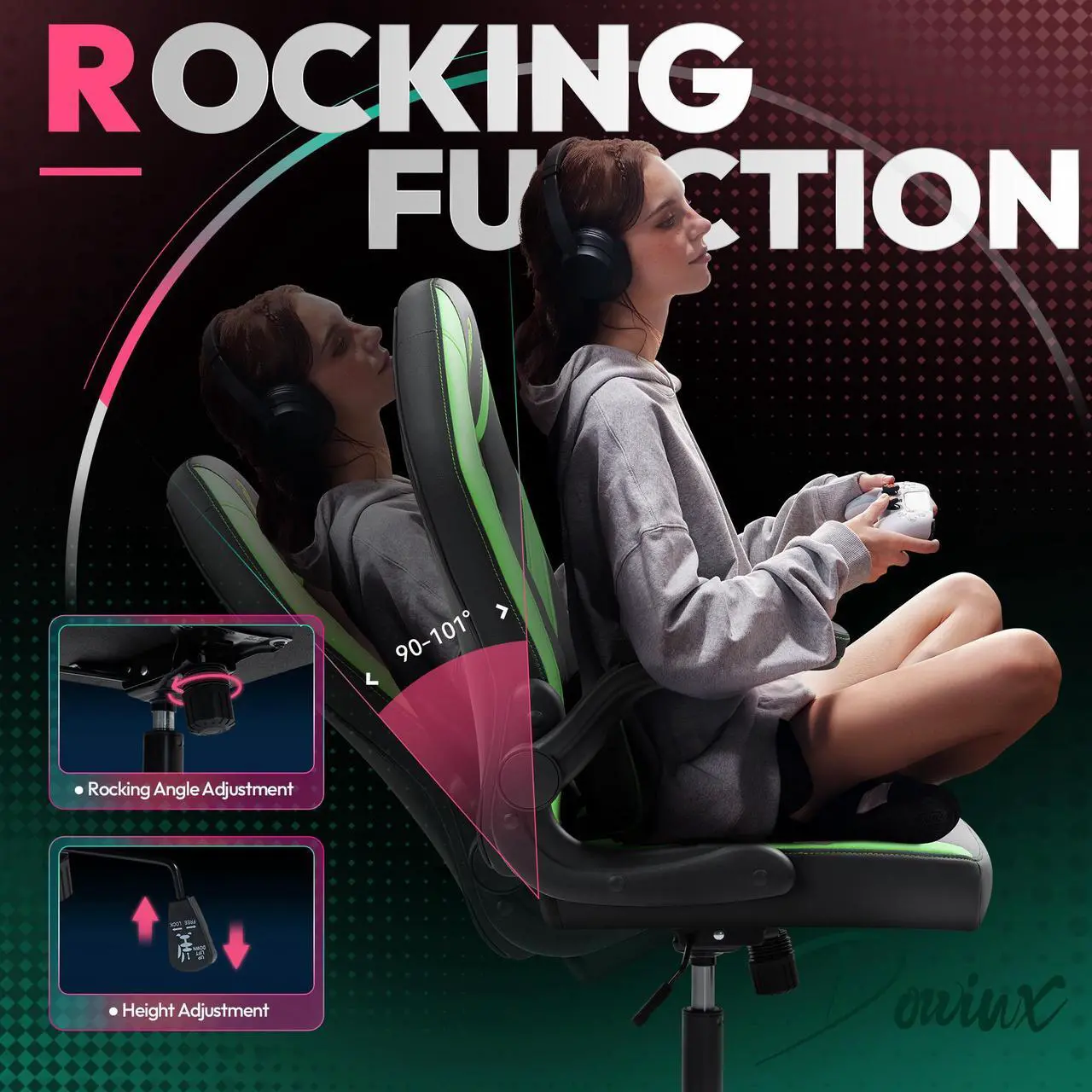 Alt view image 6 of 7 - Dowinx Gaming Chair, Breathable PU Leather Gamer Chair with Pocket Spring Cushion, Adjustable Swivel Task Chair ,Ergonomic Computer Chair with  Lumbar Support,LS-666105 Black / Green