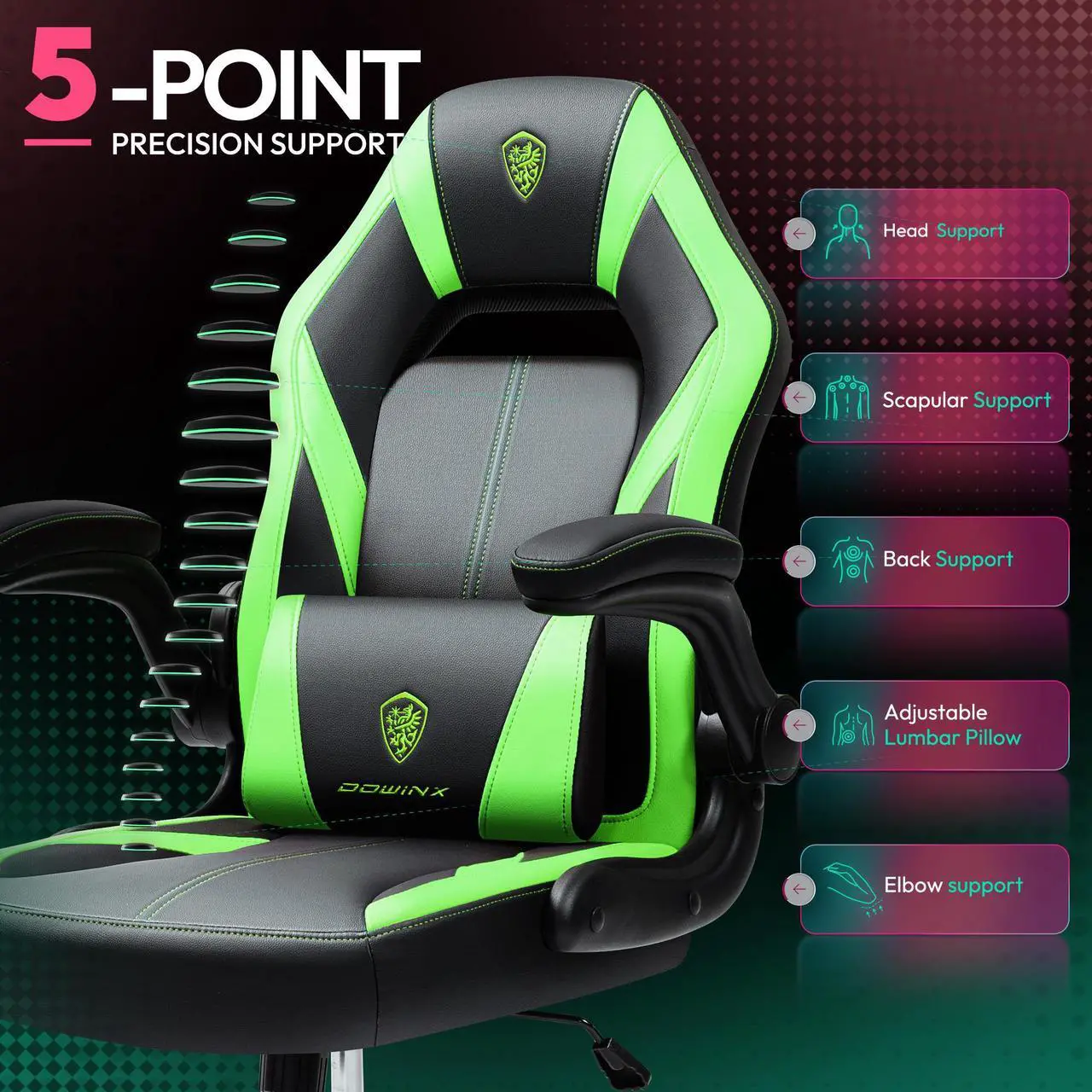 Alt view image 7 of 7 - Dowinx Gaming Chair, Breathable PU Leather Gamer Chair with Pocket Spring Cushion, Adjustable Swivel Task Chair ,Ergonomic Computer Chair with  Lumbar Support,LS-666105 Black / Green