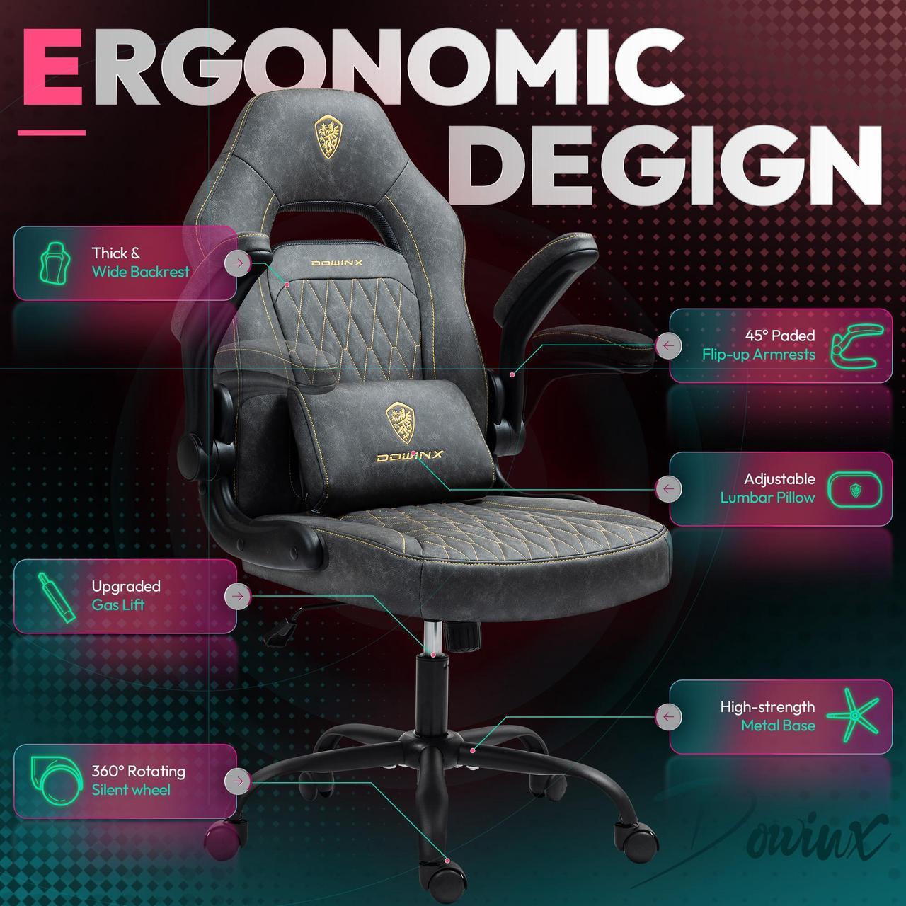 Alt view image 2 of 7 - Dowinx Gaming Chair, Breathable PU Leather Gamer Chair with Pocket Spring Cushion, Adjustable Swivel Task Chair ,Ergonomic Computer Chair with  Lumbar Support,LS-666105 Grey