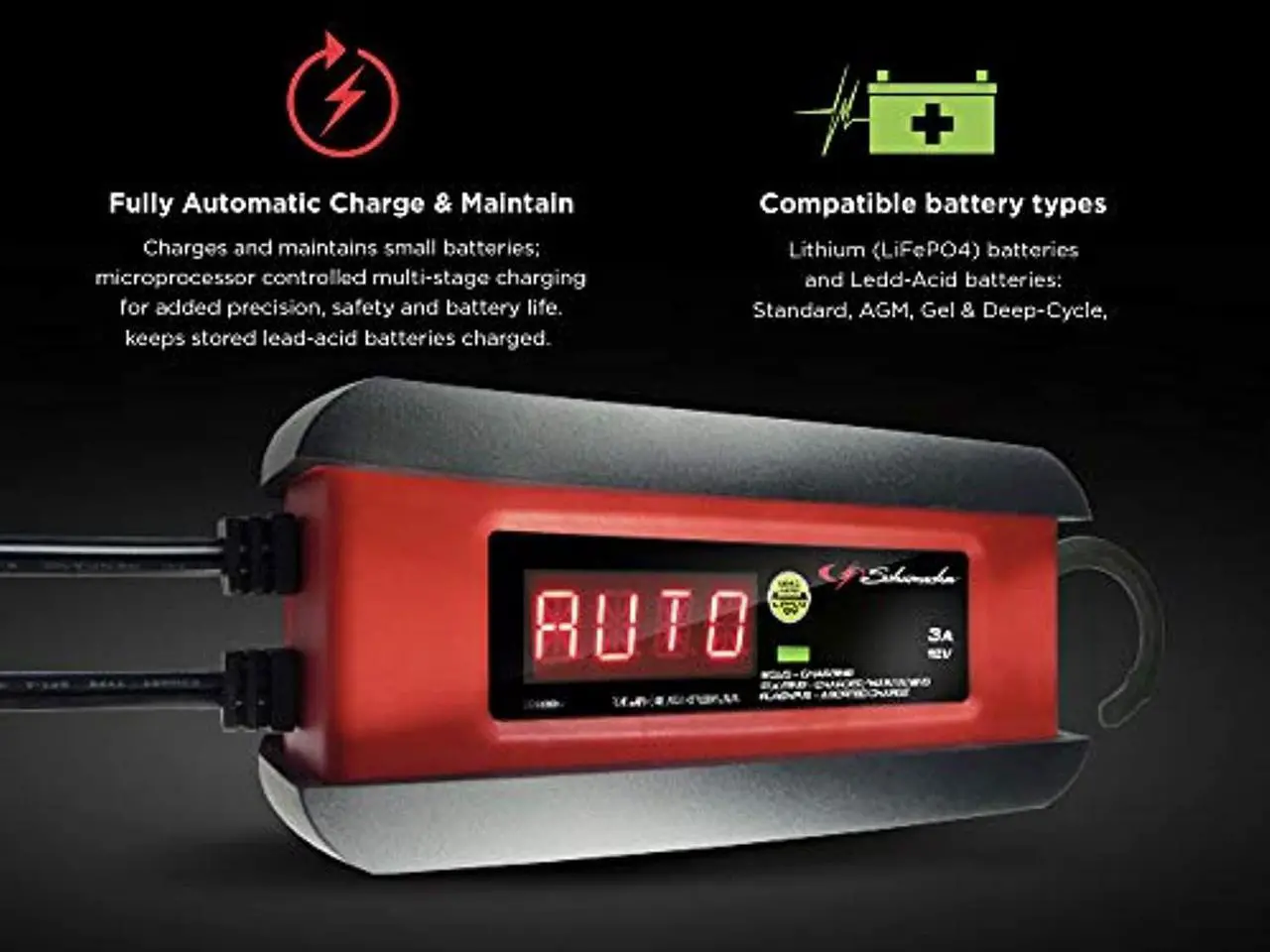 Alt view image 3 of 5 - Schumacher SP1297 3 Amp 6V/12V Fully Automatic Smart Battery Charger Maintainer and Auto Desulfator Auto 6V/12V Battery Detection For Cars, Motorcycles, Lawn Tractors, Power Sports, Marine Ba (SP1297)