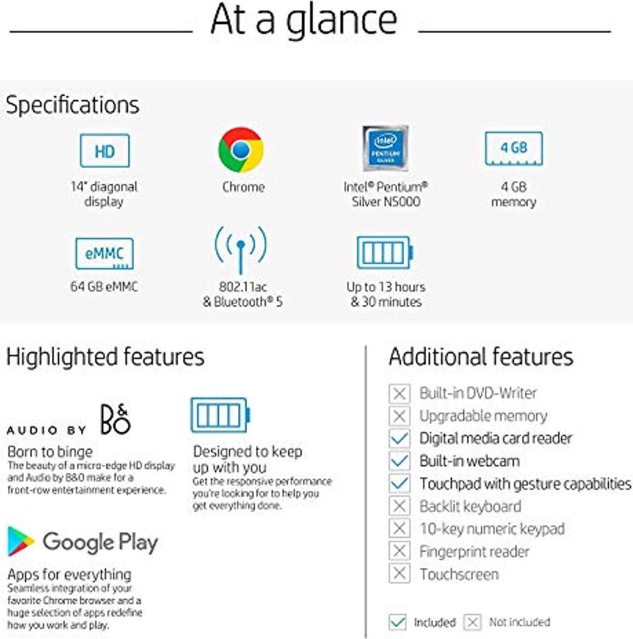 Alt view image 4 of 5 - HP 14 Chromebook Laptop Computer 14" HD SVA Anti-Glare Display Intel Celeron Dual-Core N5000 Processor 4GB DDR4 64GB eMMC Backlit WiFi Webcam Chrome OS Google Classroom Compatible w/ 32GB SD Card