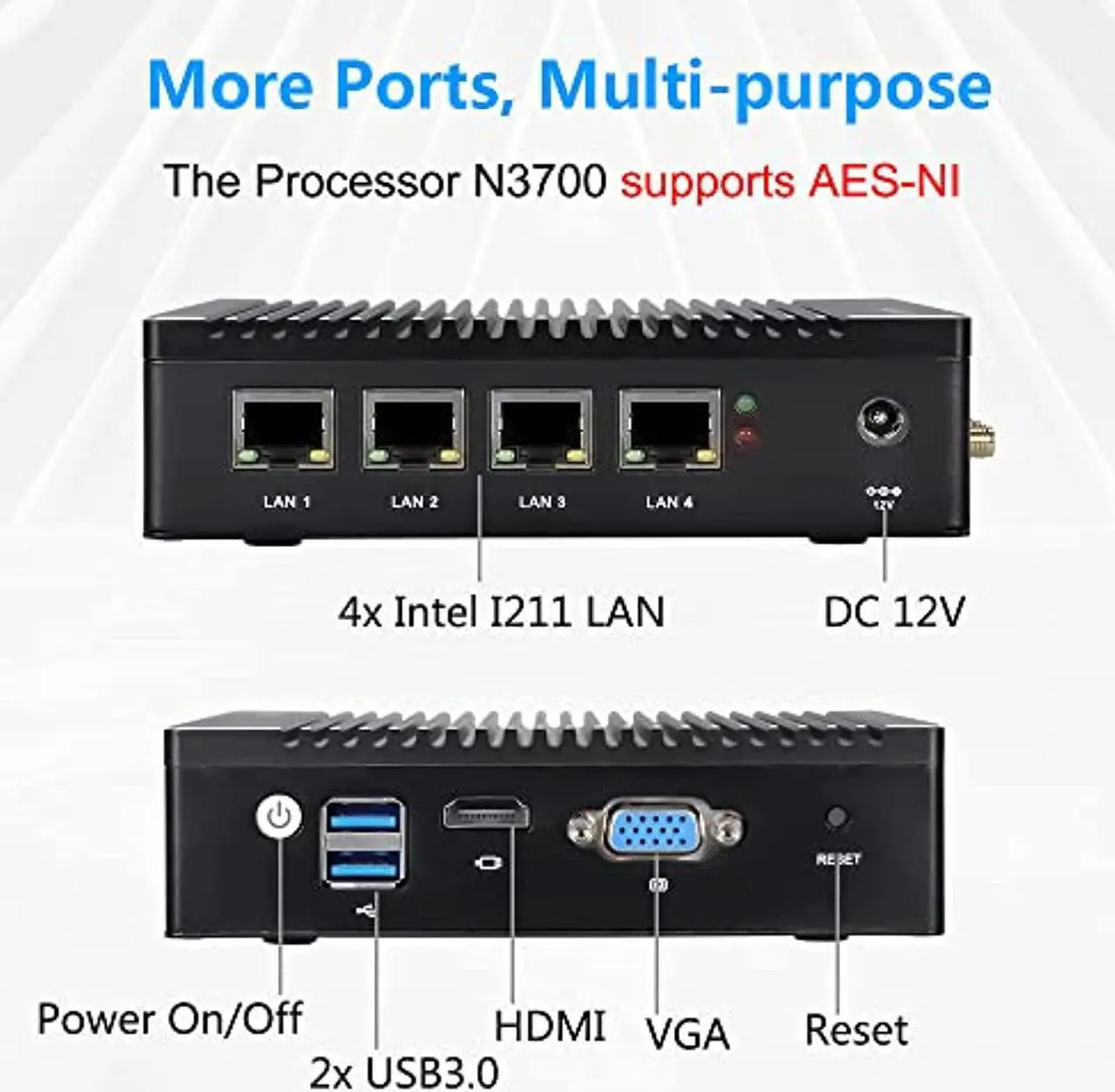 Alt view image 3 of 5 - Vnopn Fanless Mini PC 4 Intel NIC Gigabit Ports, Micro Network Firewall Appliance/Gateway Soft Router Mini Computer Intel N3700 Quad Core, Support AES-NI, 8GB DDR3, 128GB mSATA SSD (K9-F12)