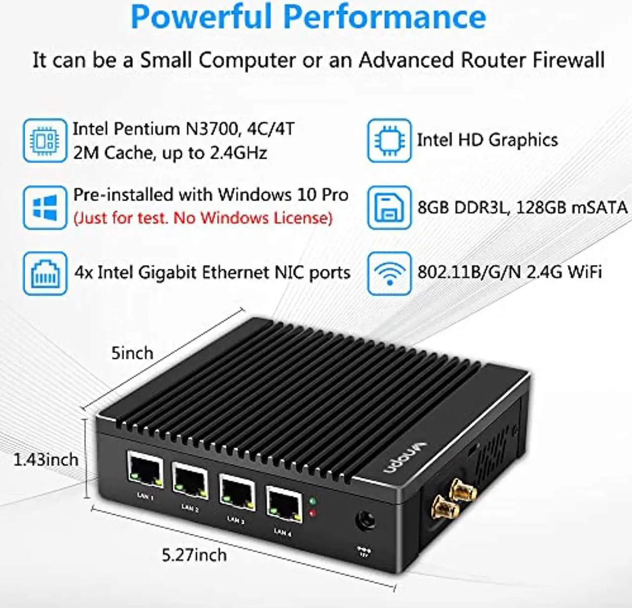 Alt view image 2 of 5 - Vnopn Fanless Mini PC 4 Intel NIC Gigabit Ports, Micro Network Firewall Appliance/Gateway Soft Router Mini Computer Intel N3700 Quad Core, Support AES-NI, 8GB DDR3, 128GB mSATA SSD (K9-F12)