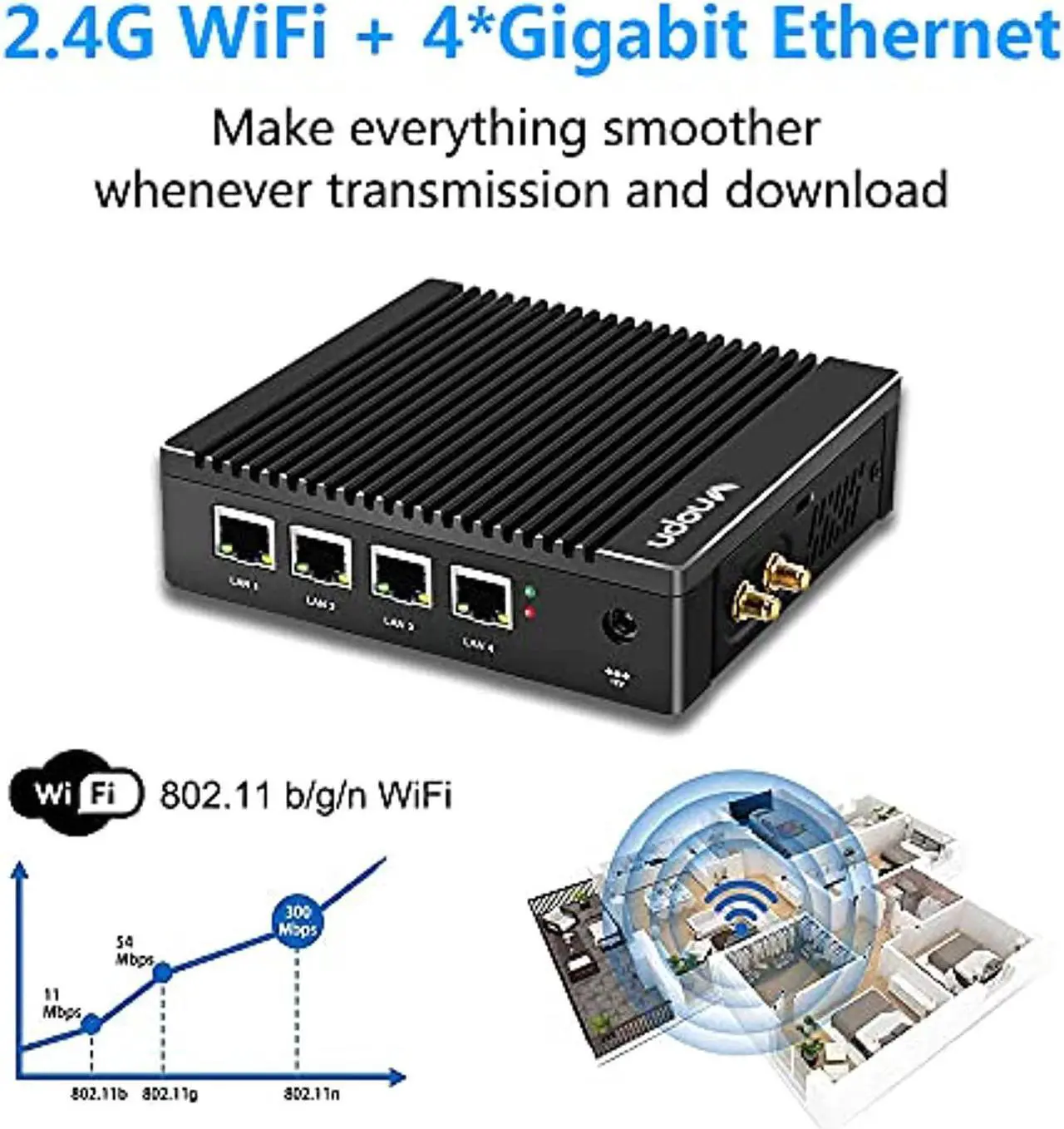 Alt view image 4 of 5 - Vnopn Fanless Mini PC 4 Intel NIC Gigabit Ports, Micro Network Firewall Appliance/Gateway Soft Router Mini Computer Intel N3700 Quad Core, Support AES-NI, 8GB DDR3, 128GB mSATA SSD (K9-F12)