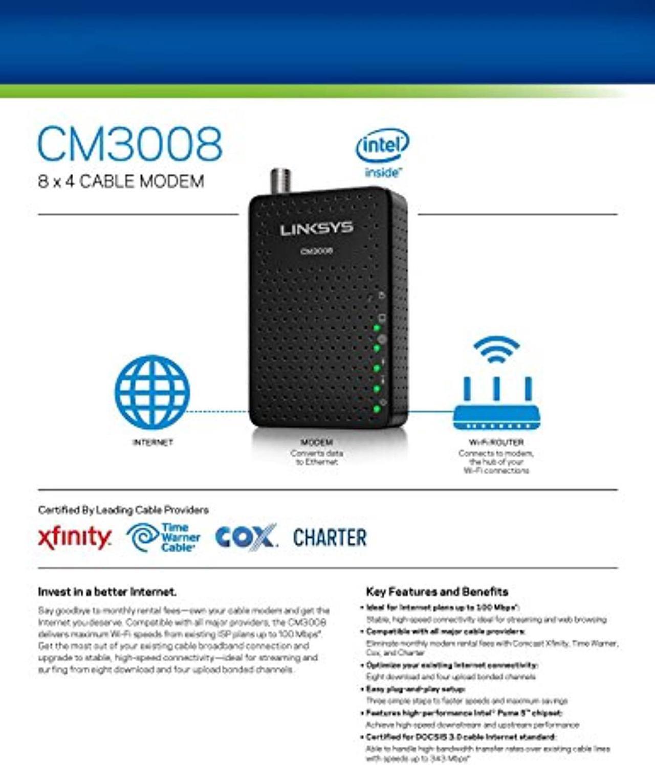 Alt view image 5 of 5 - Linksys DOCSIS 3.0 8x4 Cable Modem Certified with Comcast Xfinity, Spectrum, Cox (CM3008) (CM3008)