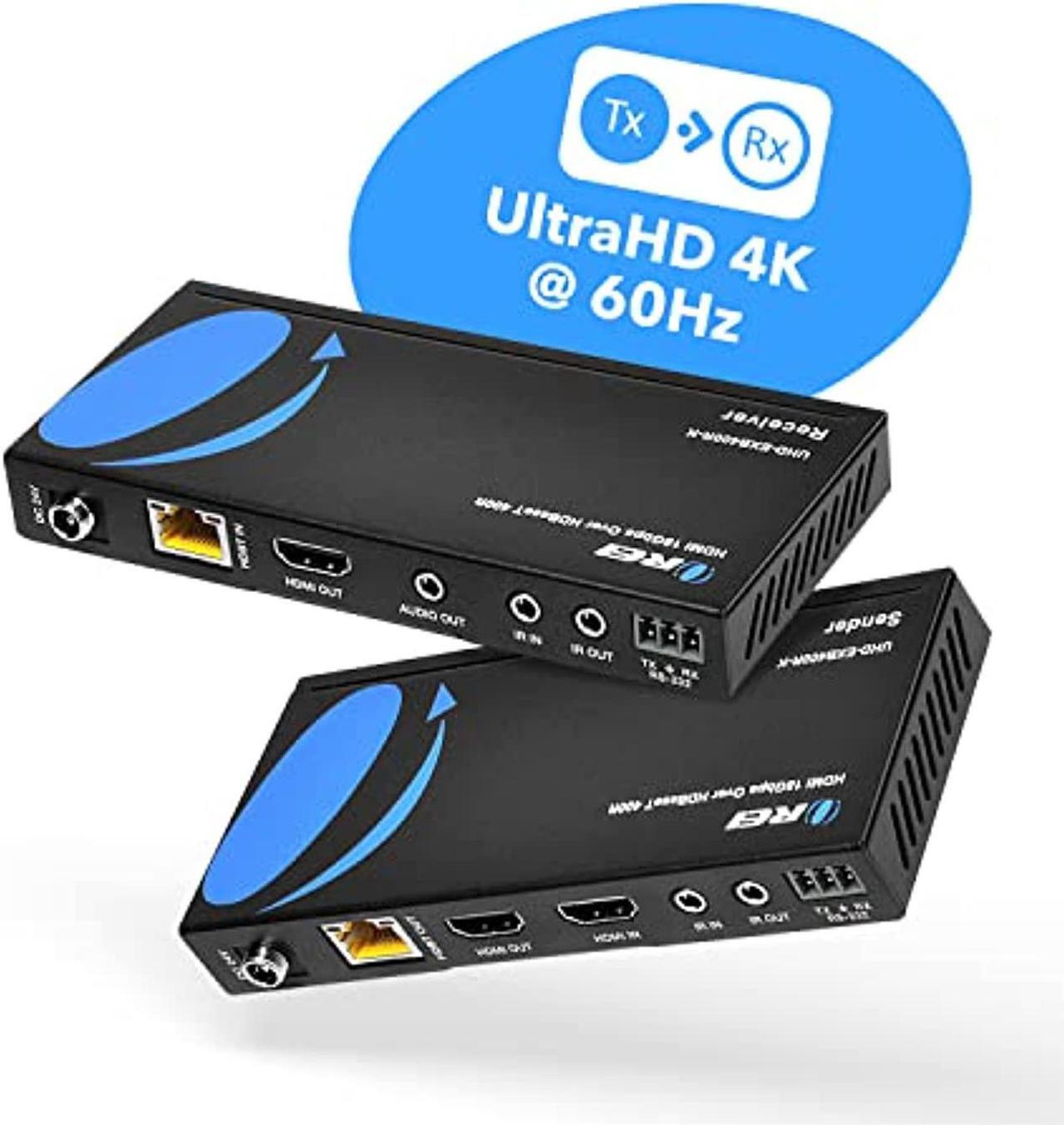Alt view image 2 of 5 - 4K HDMI Extender Balun by OREI - HDBaseT UltraHD 4K @ 60Hz 4:4:4 Over Single CAT5e/6/7 Cable with HDR, CEC  and  IR Control, RS-232 - Up to 400 Ft - Loop Out - Power Over Cable - Audio (UHD-EXB400R-K)
