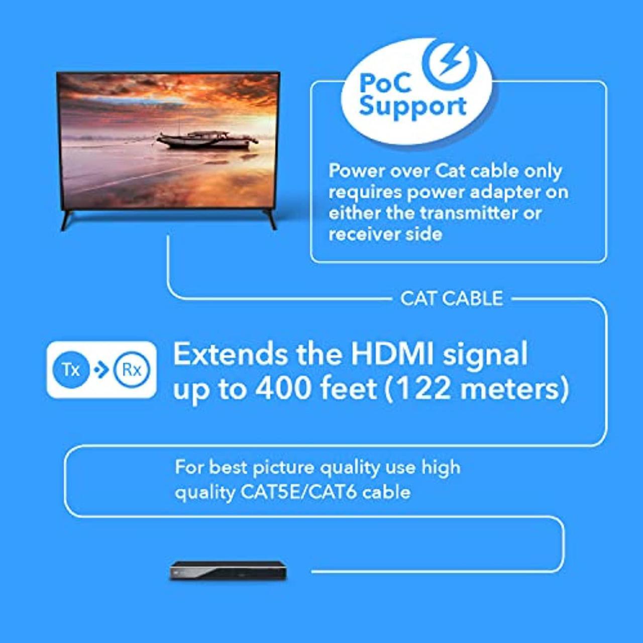 Alt view image 3 of 5 - 4K HDMI Extender Balun by OREI - HDBaseT UltraHD 4K @ 60Hz 4:4:4 Over Single CAT5e/6/7 Cable with HDR, CEC  and  IR Control, RS-232 - Up to 400 Ft - Loop Out - Power Over Cable - Audio (UHD-EXB400R-K)