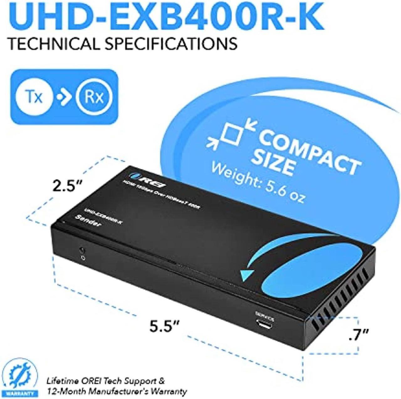 Alt view image 4 of 5 - 4K HDMI Extender Balun by OREI - HDBaseT UltraHD 4K @ 60Hz 4:4:4 Over Single CAT5e/6/7 Cable with HDR, CEC  and  IR Control, RS-232 - Up to 400 Ft - Loop Out - Power Over Cable - Audio (UHD-EXB400R-K)