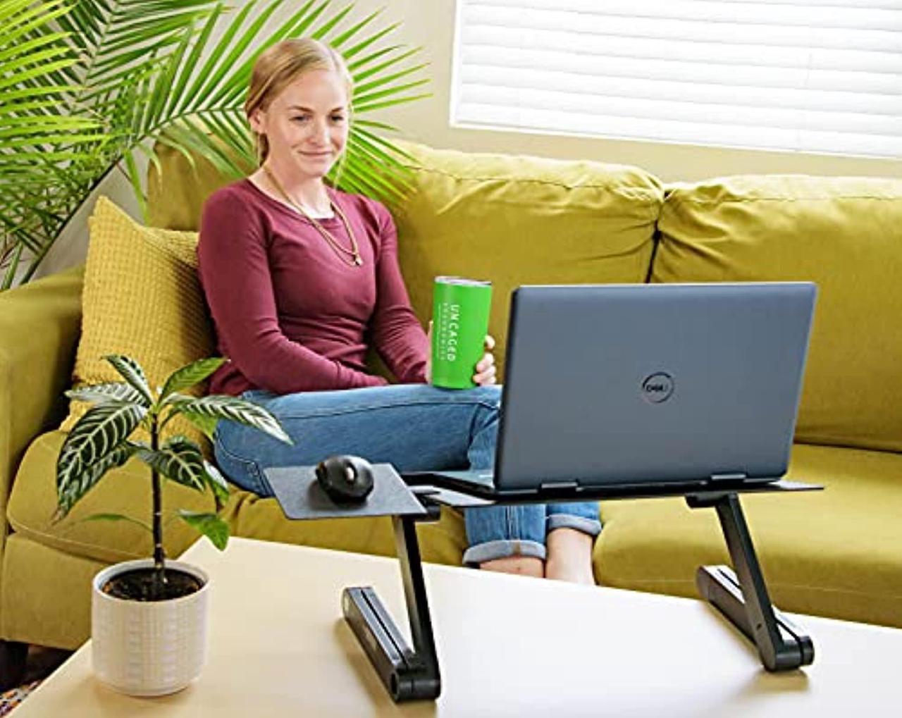 Alt view image 3 of 5 - WorkEZ Cool Adjustable Laptop Stand Ergonomic Lap Desk Standing Desk Converter for Laptops Computer 2 Fans 3 USB Ports Mouse Pad height tilt angle aluminum bed couch riser table tray desktop black