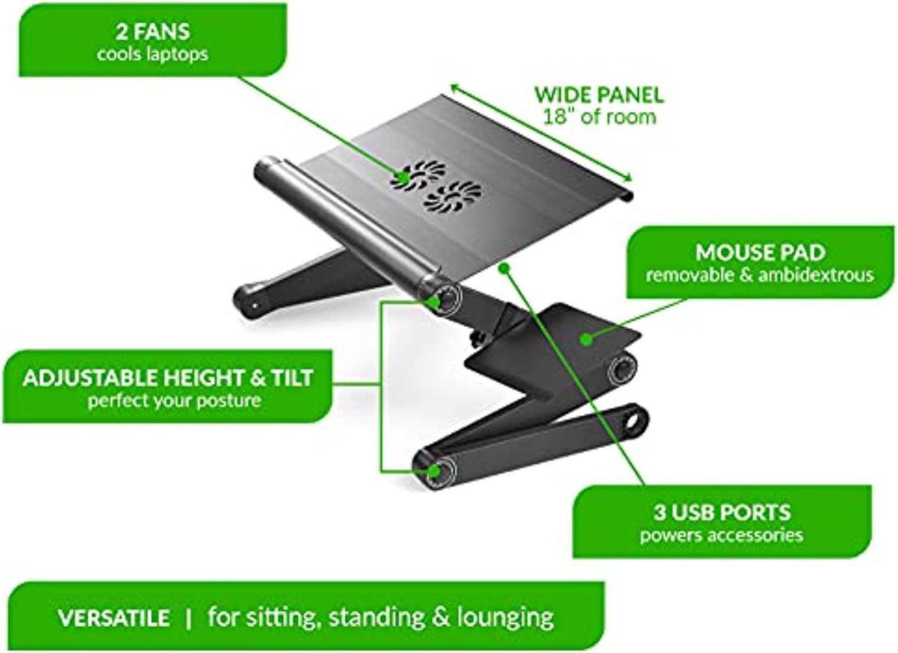 Alt view image 5 of 5 - WorkEZ Cool Adjustable Laptop Stand Ergonomic Lap Desk Standing Desk Converter for Laptops Computer 2 Fans 3 USB Ports Mouse Pad height tilt angle aluminum bed couch riser table tray desktop black