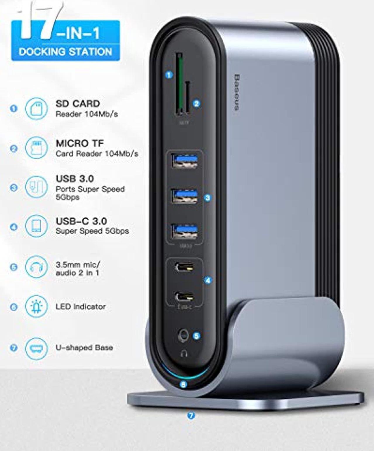 Alt view image 3 of 5 - Baseus 17-in-1 USB C Docking Station to Cast on 3 Monitors, 4K USB C Dock Laptop Docking Station with 100W PD USB-C Port, 4K HDMI*3, USB 3.0*5, LAN, SD/TF Cards Reader, Audio Port f (CAHUB-A/B/C/DG0G)