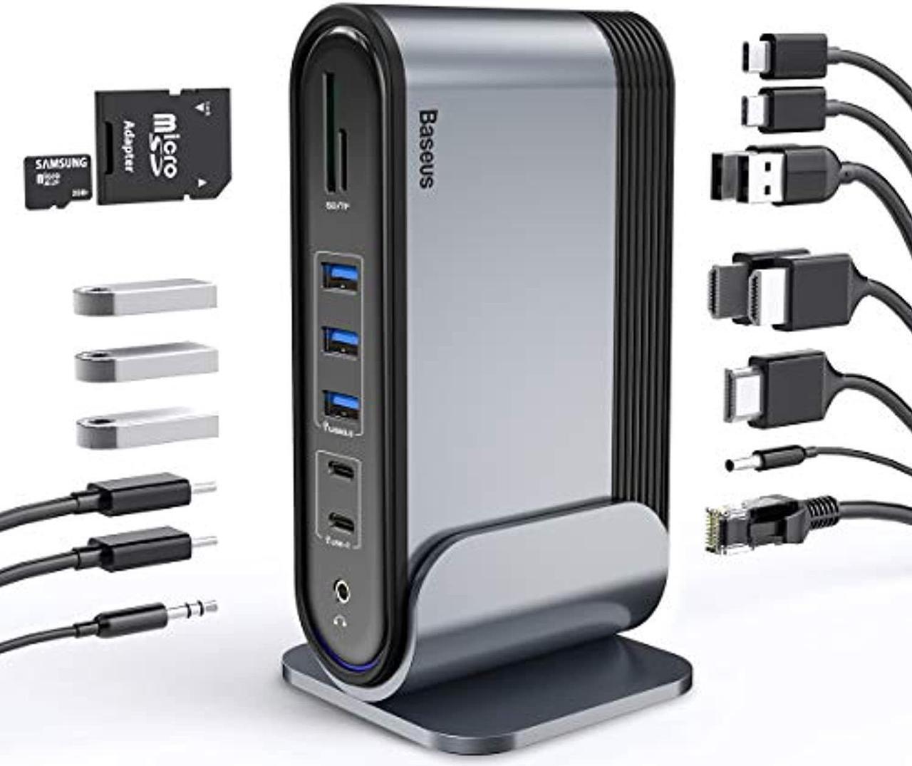 Main image of Baseus 17-in-1 USB C Docking Station to Cast on 3 Monitors, 4K USB C Dock Laptop Docking Station with 100W PD USB-C Port, 4K HDMI*3, USB 3.0*5, LAN, SD/TF Cards Reader, Audio Port f (CAHUB-A/B/C/DG0G)