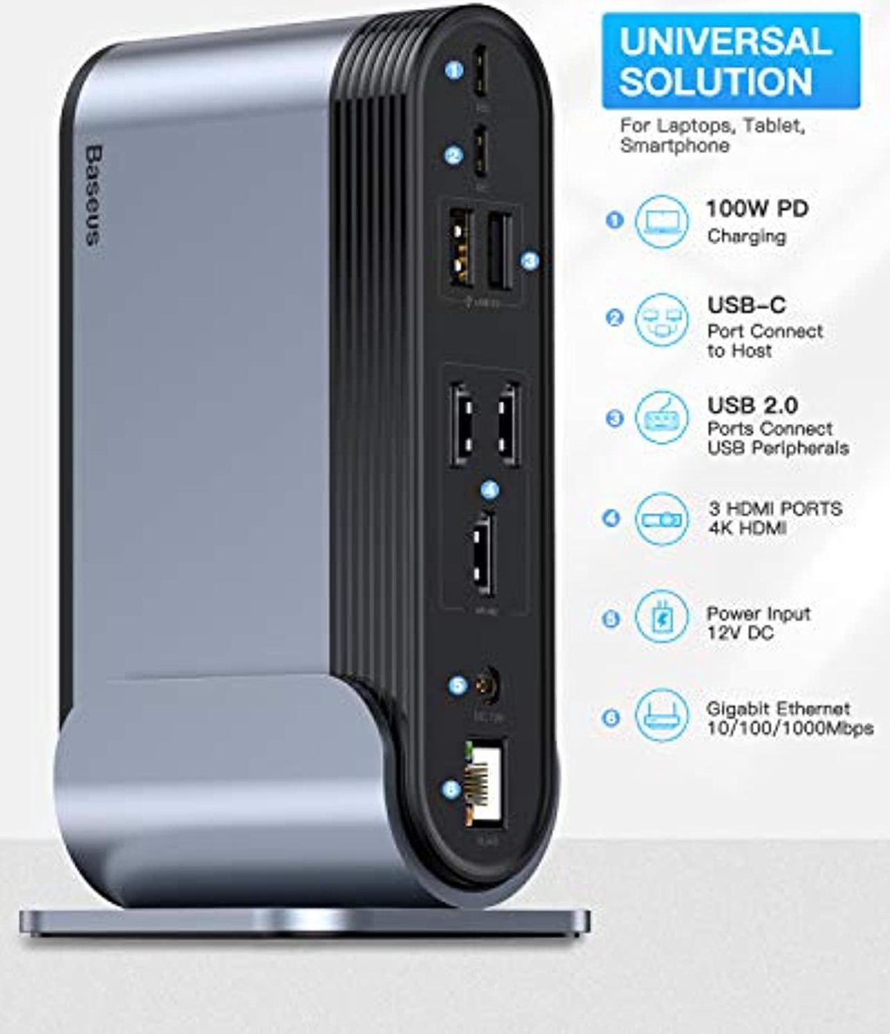 Alt view image 4 of 5 - Baseus 17-in-1 USB C Docking Station to Cast on 3 Monitors, 4K USB C Dock Laptop Docking Station with 100W PD USB-C Port, 4K HDMI*3, USB 3.0*5, LAN, SD/TF Cards Reader, Audio Port f (CAHUB-A/B/C/DG0G)