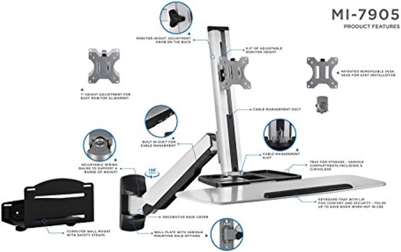 Alt view image 5 of 5 - Mount-It! Sit Stand Wall Mount Workstation | Adjustable Height Stand Up Computer Station With Articulating Monitor Mount, Keyboard Tray,  and  CPU Holder | VESA Mount 75x75 and 100x100 | MI- (MI-7905)