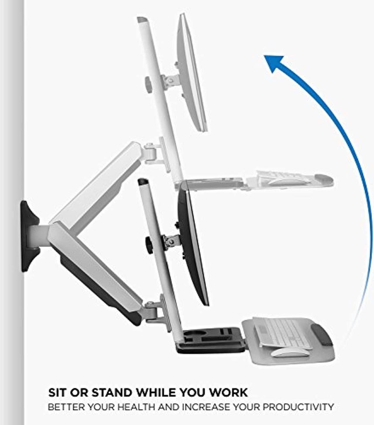 Alt view image 3 of 5 - Mount-It! Sit Stand Wall Mount Workstation | Adjustable Height Stand Up Computer Station With Articulating Monitor Mount, Keyboard Tray,  and  CPU Holder | VESA Mount 75x75 and 100x100 | MI- (MI-7905)