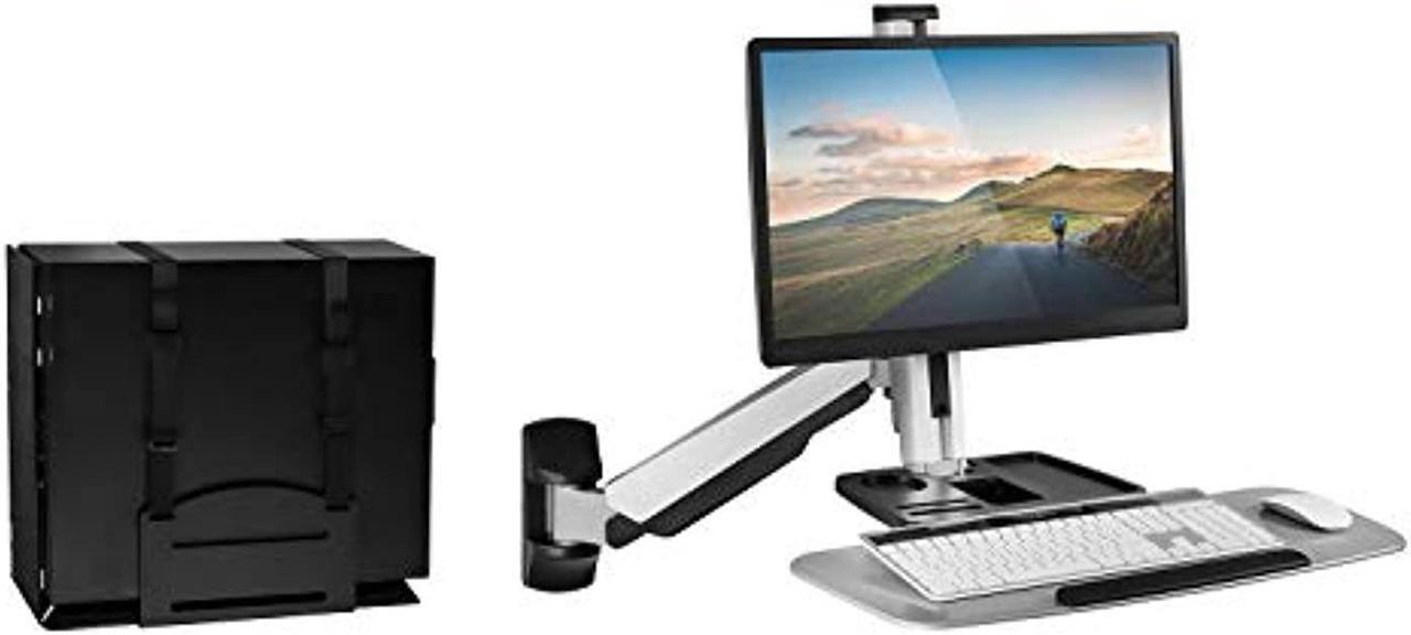 Alt view image 2 of 5 - Mount-It! Sit Stand Wall Mount Workstation | Adjustable Height Stand Up Computer Station With Articulating Monitor Mount, Keyboard Tray,  and  CPU Holder | VESA Mount 75x75 and 100x100 | MI- (MI-7905)