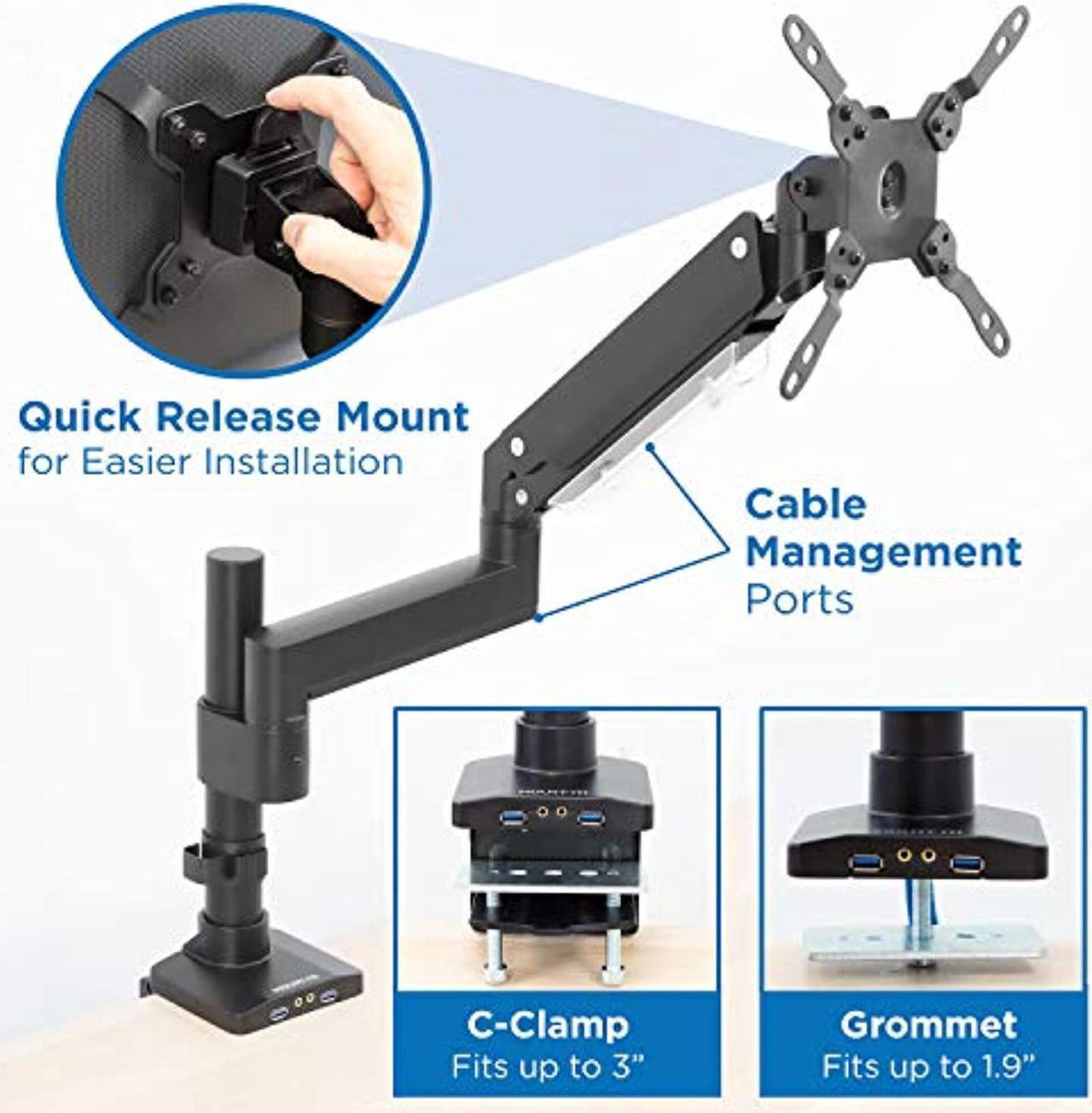 Alt view image 4 of 5 - Mount-It! Premium Single Monitor Arm Desk Mount | Gas Spring Arm Fits up to 35 Inches and 33 Pounds | 2 x USB 3.0 and Audio Port | C-Clamp and Grommet Bases | VESA 75 100 200 | Aluminum | Bl (MI-4771)