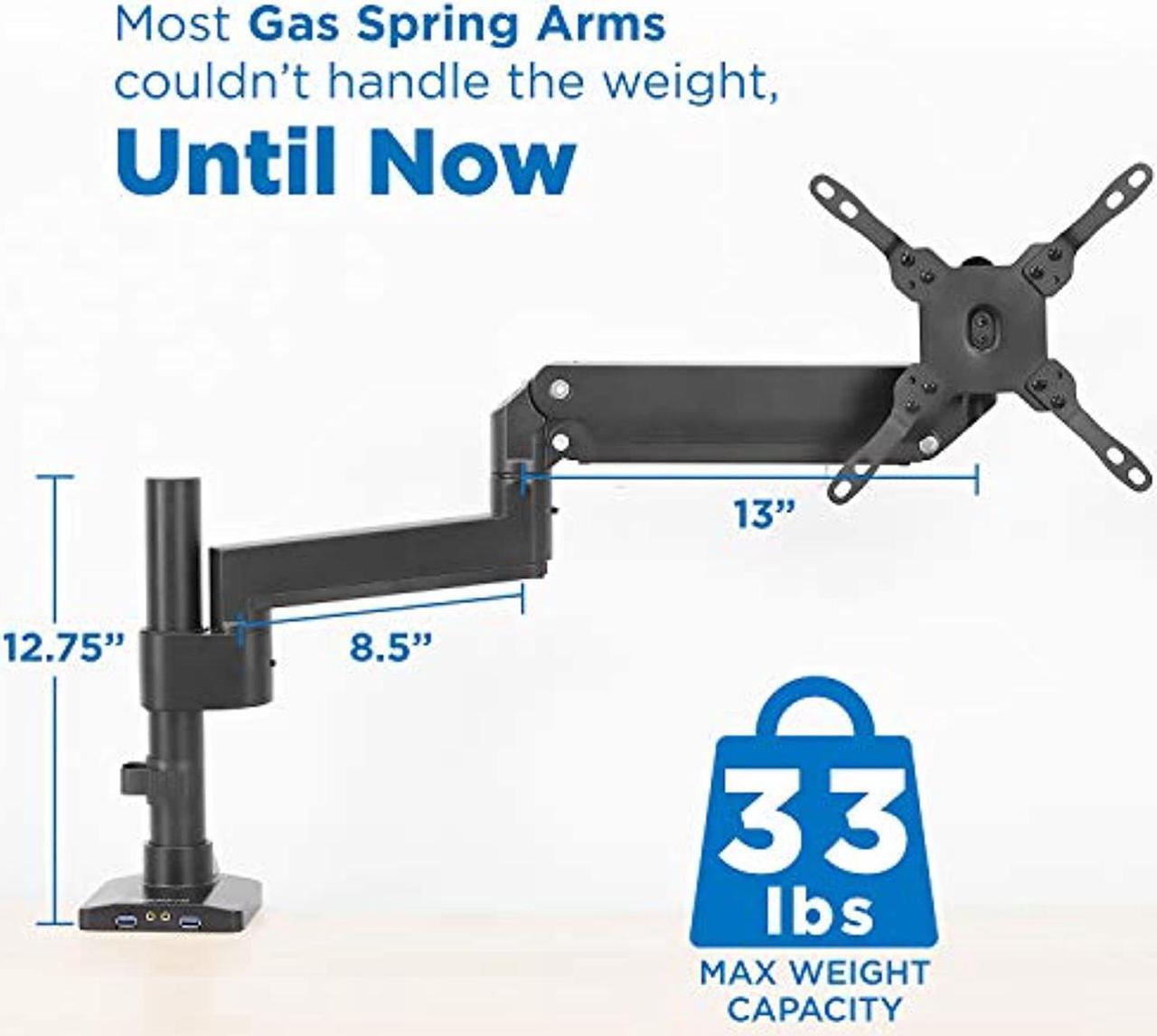 Alt view image 3 of 5 - Mount-It! Premium Single Monitor Arm Desk Mount | Gas Spring Arm Fits up to 35 Inches and 33 Pounds | 2 x USB 3.0 and Audio Port | C-Clamp and Grommet Bases | VESA 75 100 200 | Aluminum | Bl (MI-4771)