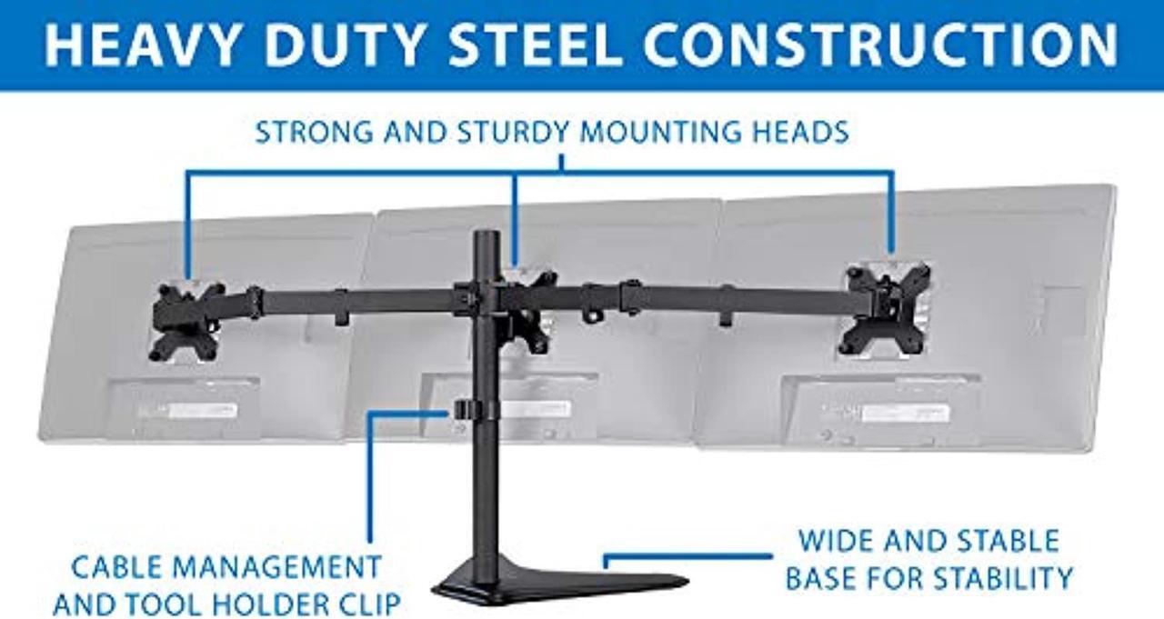 Alt view image 3 of 5 - Mount-It! Triple Monitor Stand | 3 Monitor Stand Fits 19 20 21 22 23 24 Inch Computer Screens | Free Standing Base | Three Heavy Duty Full Motion Adjustable Arms | VESA Compatible (MI-2789)