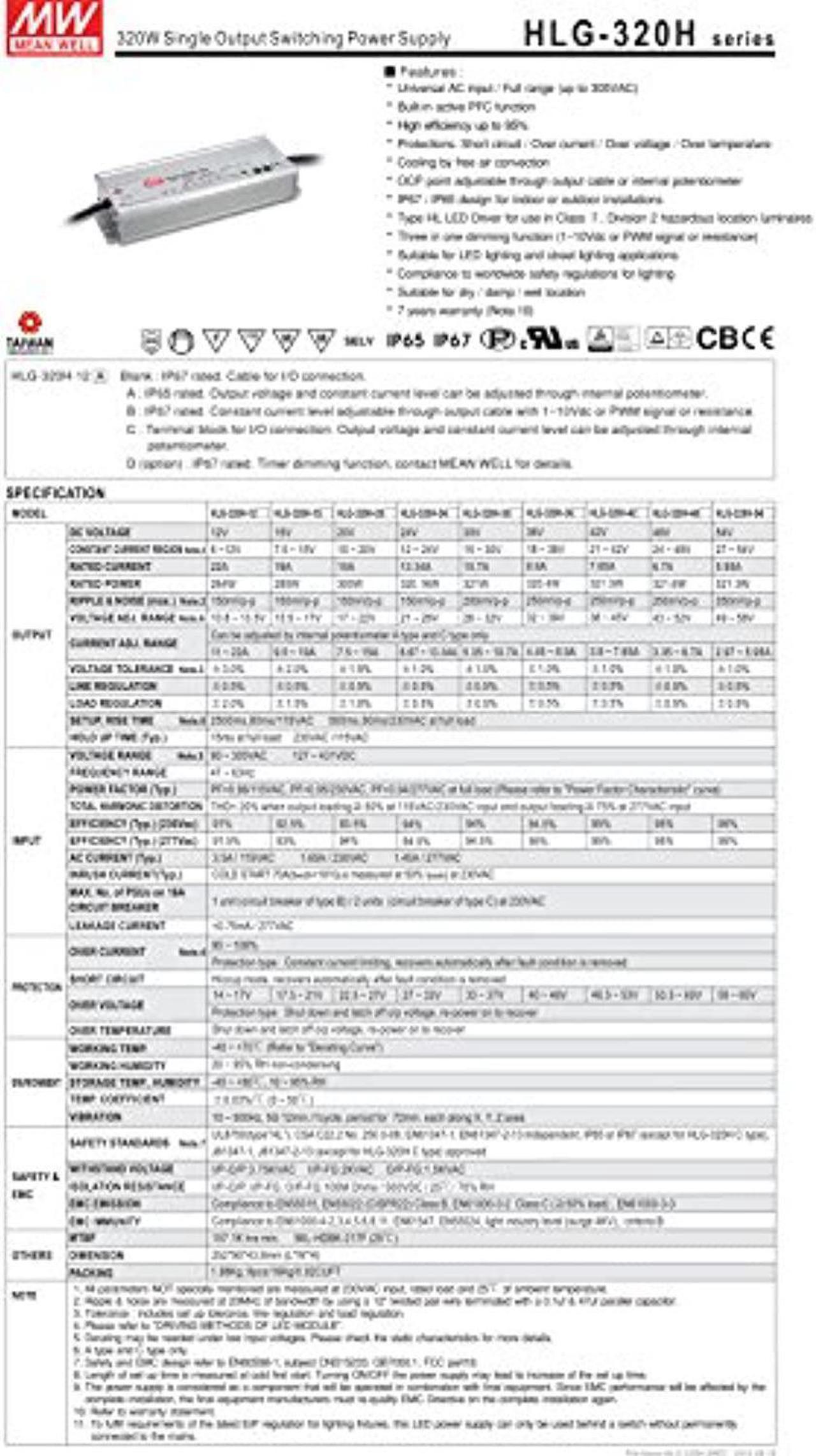 Alt view image 2 of 5 - MEAN WELL HLG-320H-54B 320 W Single Output 5.95 A 54 Vdc Output Max IP67 Switching Power Supply - 1 item(s) (HLG-320H-54B)