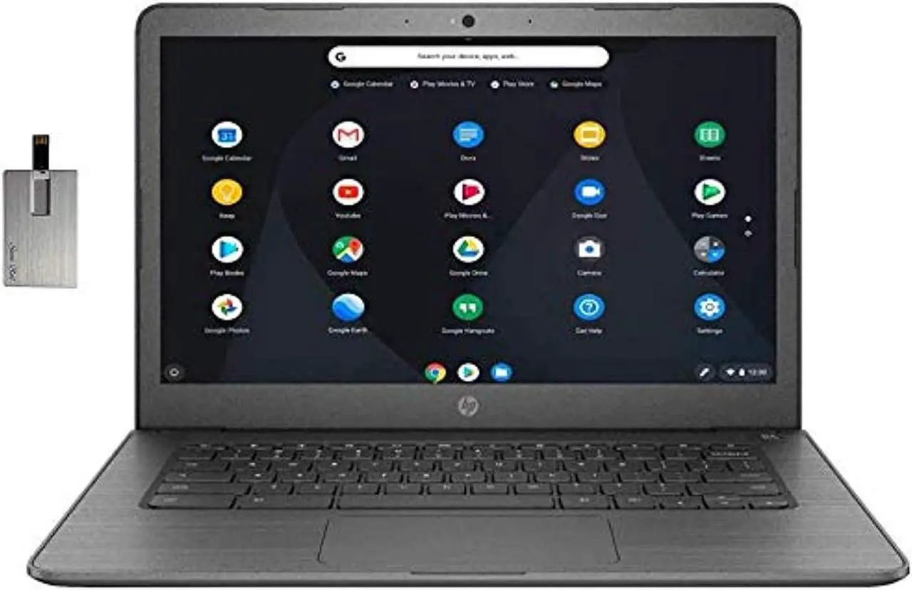 Main image of 2020 HP 14" HD Display Chromebook, AMD A4-9120C CPU, 4GB RAM, 32GB eMMC, HD Webcam, Bang and Olufsen Audio, AMD Radeon R4 Graphics, Media Card Reader, USB-C, Chrome OS, Gray, 128GB Snow Bell USB Card