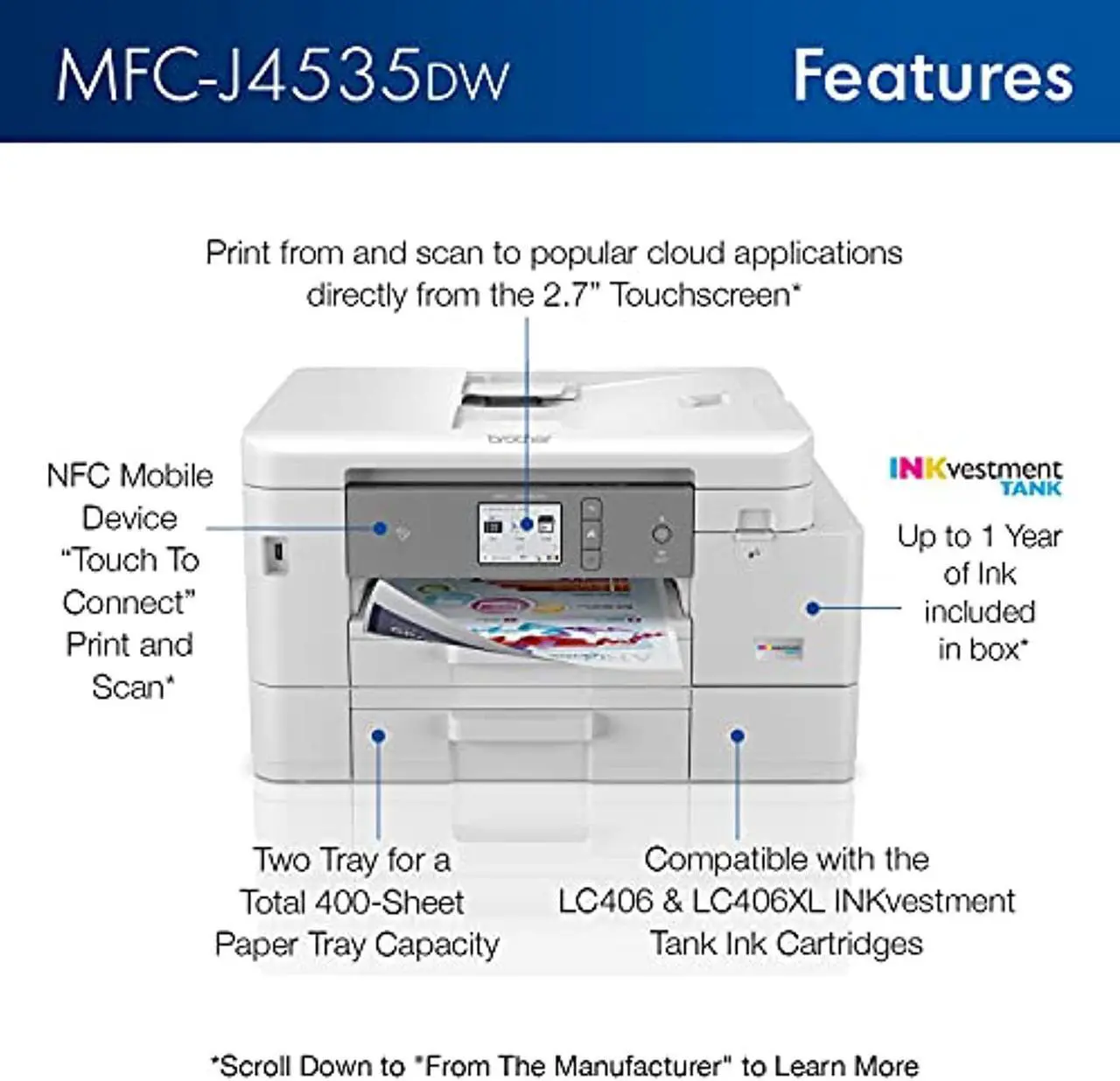 Alt view image 3 of 6 - Brother MFC-J4535DW INKvestment Tank All-in-One Color Inkjet Printer with NFC, Duplex and Wireless Printing Plus Up to 1-Year of Ink in-Box (MFCJ4535DW)