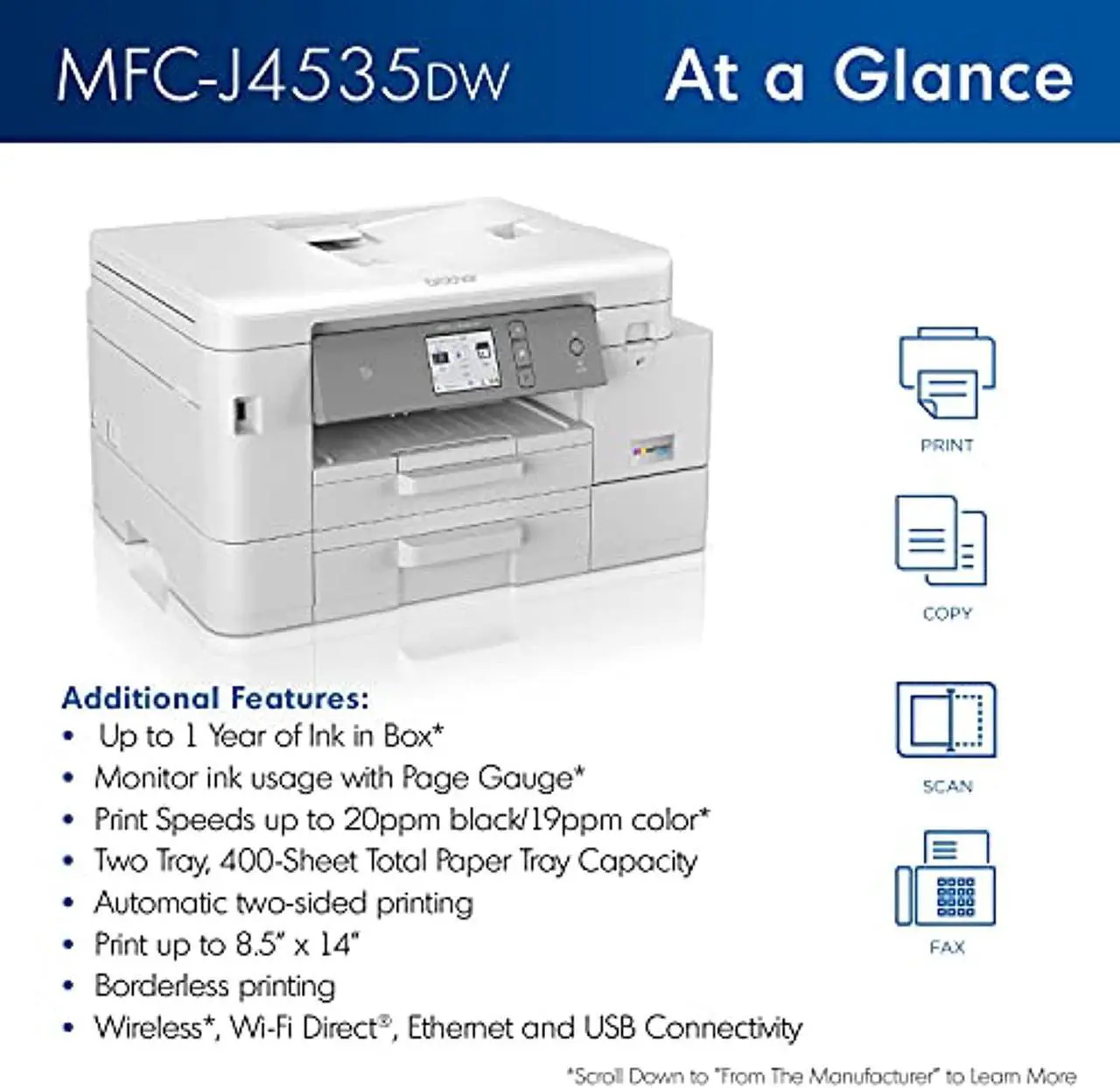 Alt view image 2 of 6 - Brother MFC-J4535DW INKvestment Tank All-in-One Color Inkjet Printer with NFC, Duplex and Wireless Printing Plus Up to 1-Year of Ink in-Box (MFCJ4535DW)