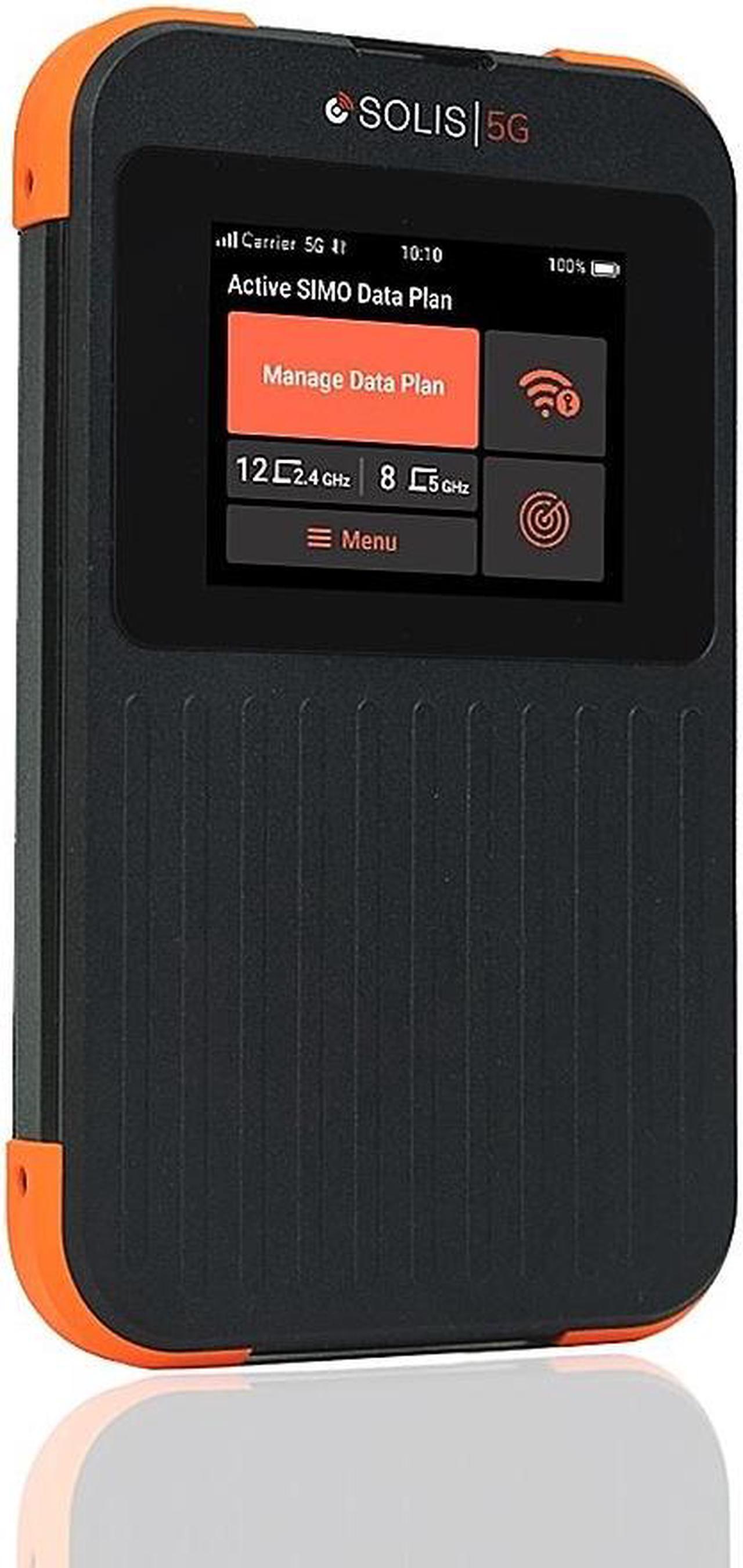 Main image of Solis - 5G Mobile Wi-Fi Hotspot - Local  and  International Coverage Router with Lifetime Data Plan - Black / Orange (HS600000)