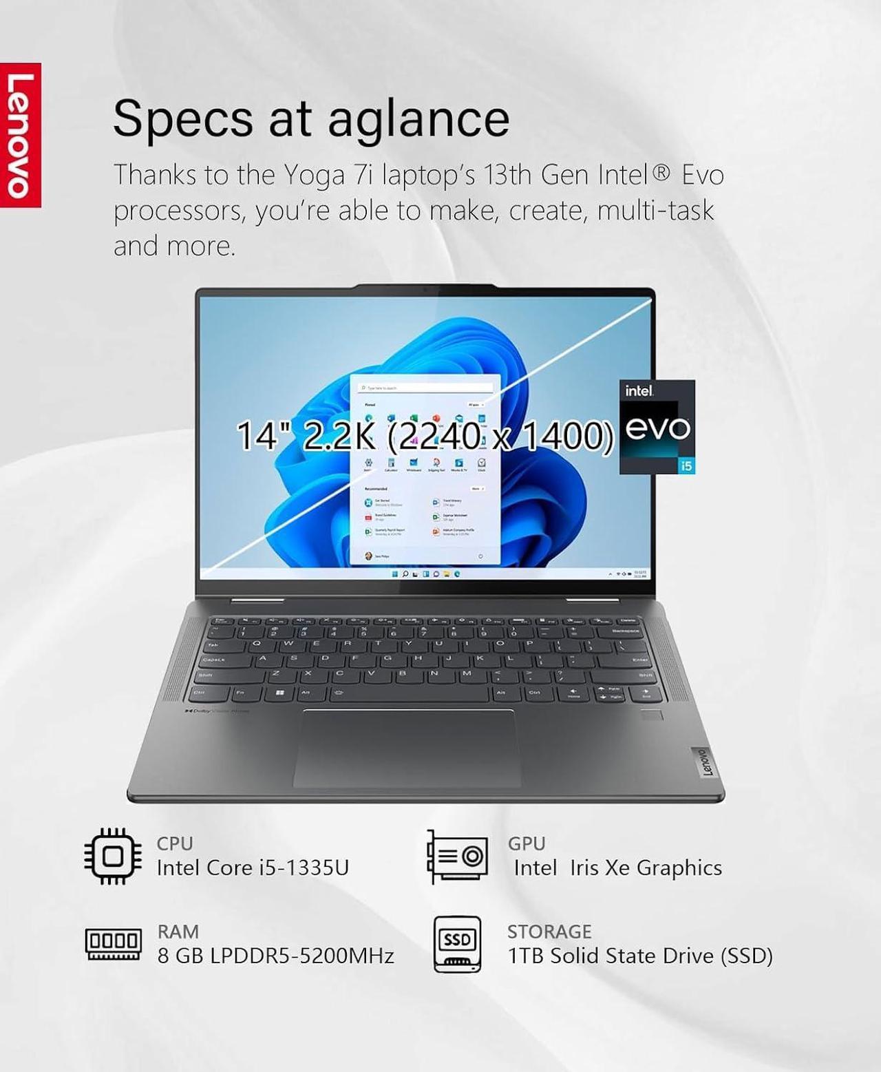 Alt view image 3 of 5 - Lenovo Yoga 7i 2-in-1 14" 2.2K Touchscreen Laptop, Intel Evo Platform, 8GB Memory 1TB SSD, Intel Core i5-1335U Processor, Intel Iris Xe Graphics, Backlit KB, WiFi 6E, Win11, Storm Grey, W/GaLiMu