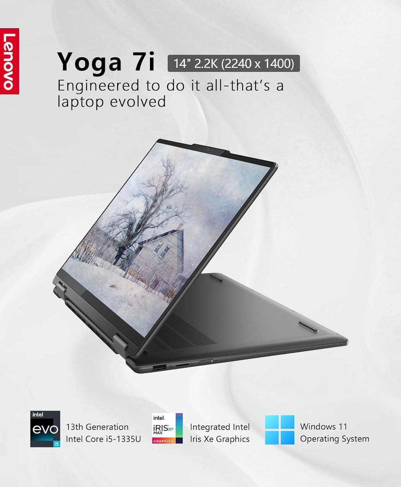 Alt view image 2 of 5 - Lenovo Yoga 7i 2-in-1 14" 2.2K Touchscreen Laptop, Intel Evo Platform, 8GB Memory 1TB SSD, Intel Core i5-1335U Processor, Intel Iris Xe Graphics, Backlit KB, WiFi 6E, Win11, Storm Grey, W/GaLiMu