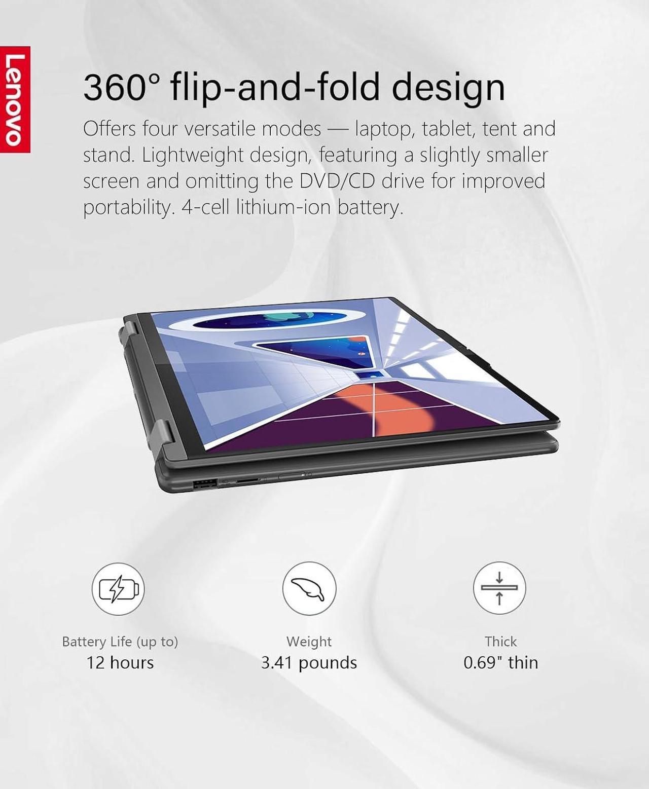 Alt view image 5 of 5 - Lenovo Yoga 7i 2-in-1 14" 2.2K Touchscreen Laptop, Intel Evo Platform, 8GB Memory 1TB SSD, Intel Core i5-1335U Processor, Intel Iris Xe Graphics, Backlit KB, WiFi 6E, Win11, Storm Grey, W/GaLiMu