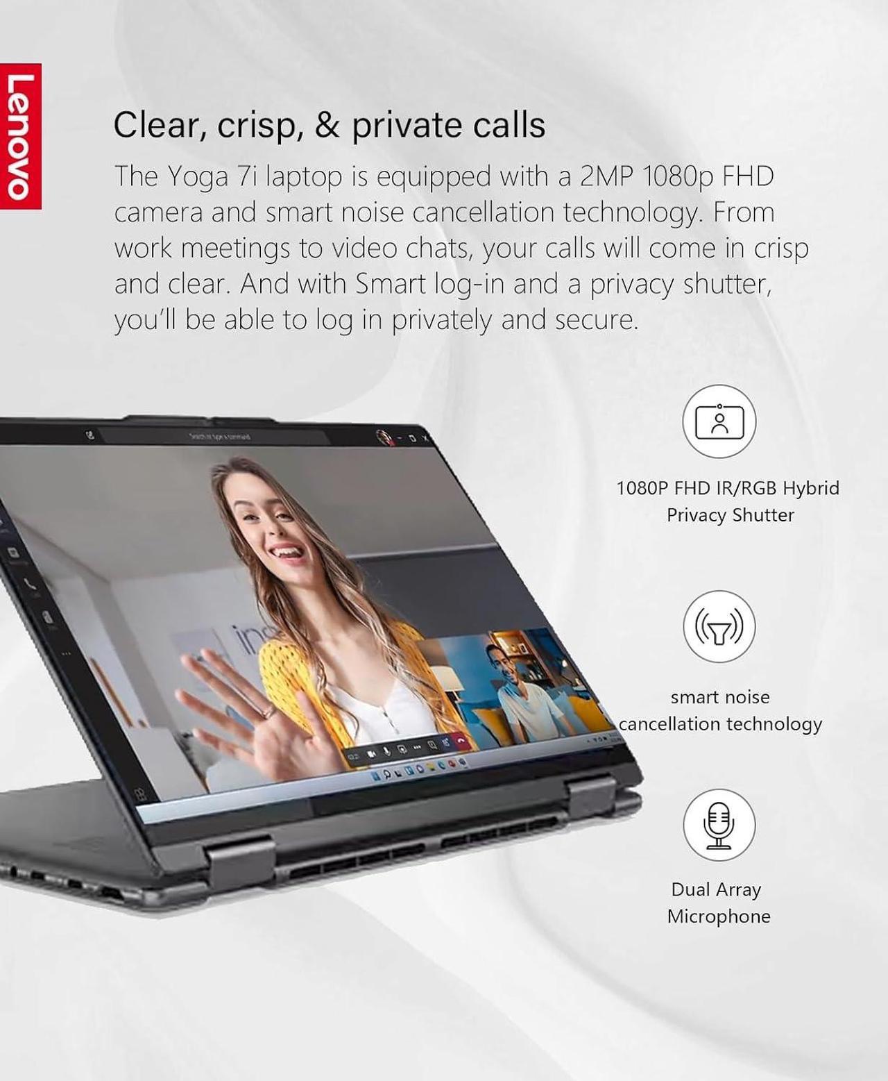 Alt view image 4 of 5 - Lenovo Yoga 7i 2-in-1 14" 2.2K Touchscreen Laptop, Intel Evo Platform, 8GB Memory 1TB SSD, Intel Core i5-1335U Processor, Intel Iris Xe Graphics, Backlit KB, WiFi 6E, Win11, Storm Grey, W/GaLiMu