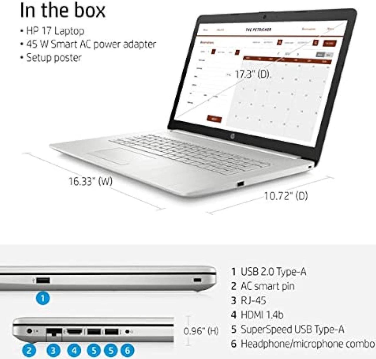 Alt view image 4 of 5 - HP 2022 17.3-inch Full HD (1920 x 1080) Laptop, 11th Generation Intel Core i3-1115G4 Processor, 8GB DDR4 RAM, 256GB SSD, Bluetooth, Wi-Fi, HDMI, Windows 11, Silver, W/MD Accessories