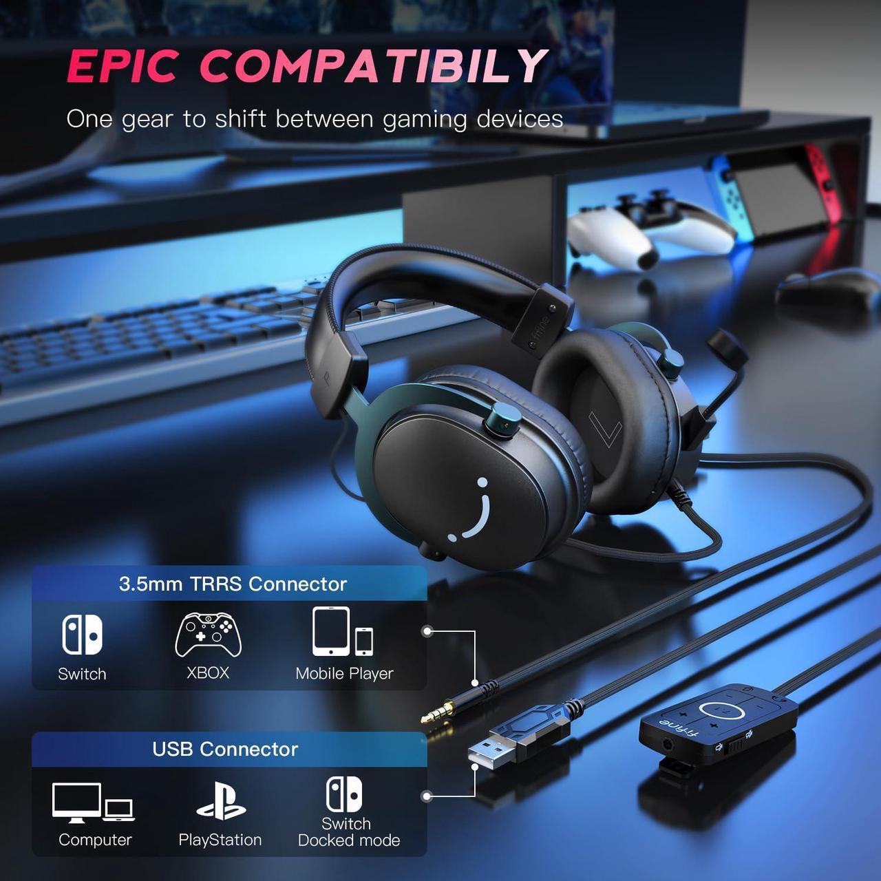 Alt view image 2 of 5 - FIFINE PC Gaming Headset, USB Headset with 7.1 Surround Sound, Detachable Microphone, Control Box, 3.5mm Headphones Jack, Over-Ear Wired Headset for PS5/PS4/Xbox/Switch, Black-AmpliGame H9 (DE2304H9)